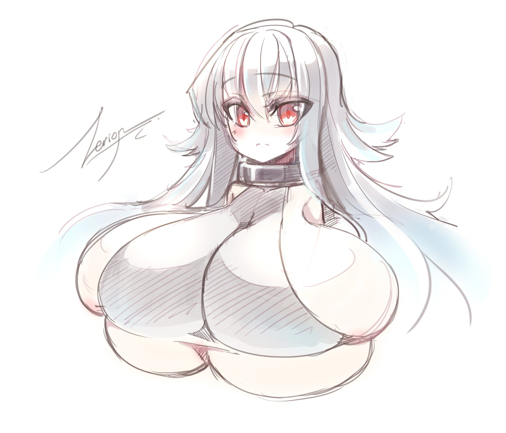 big_breasts breasts bust cleavage huge_breasts large_breasts overflowing_breasts red_eyes shino_(zerion) sideboob signature silver_hair tagme underboob zerion