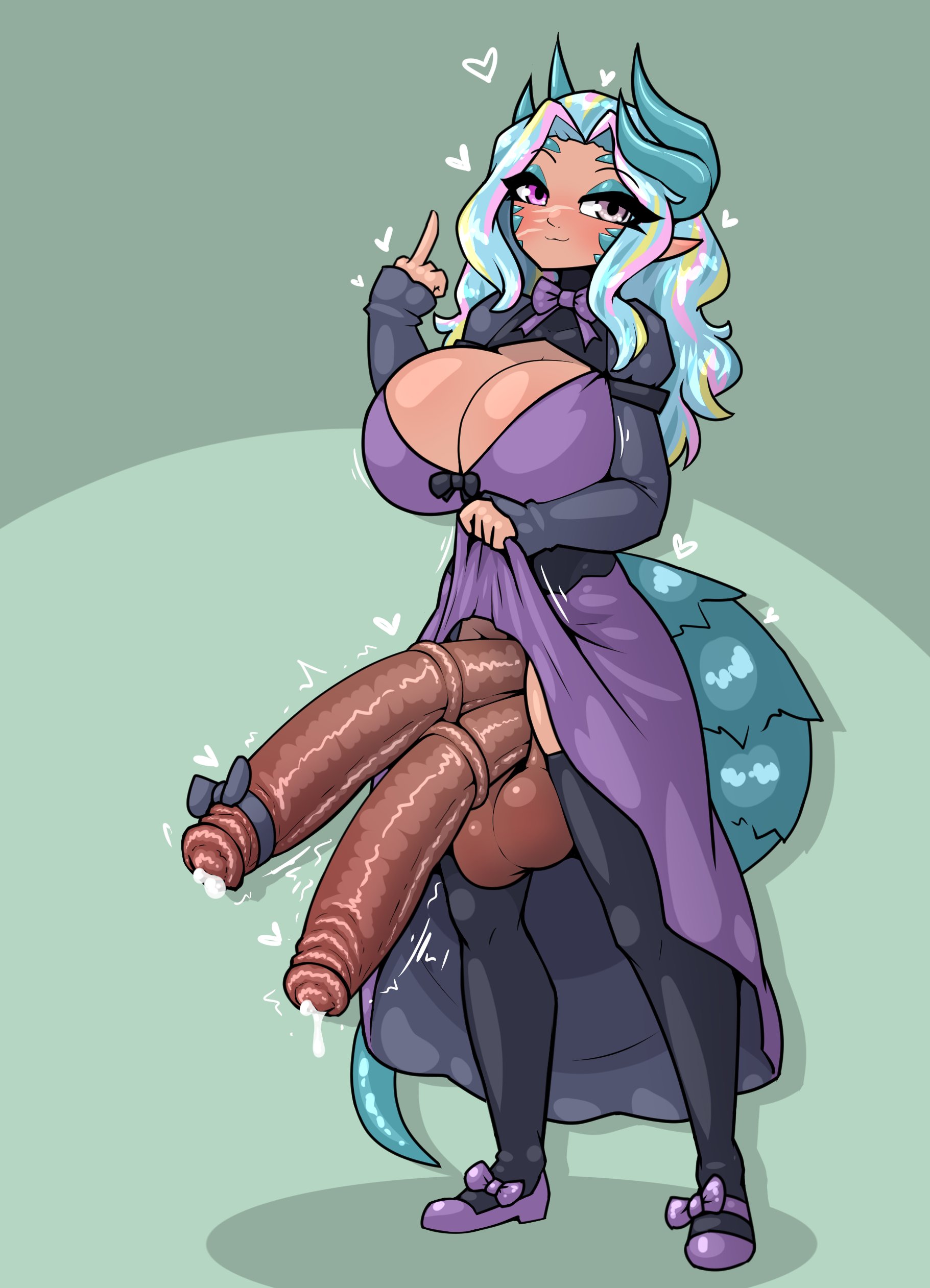 :3, 1futa, animal genitalia, animal genitalia on humanoid, animal penis, balls, big breasts, breasts, cleavage, clothed, clothing, cum, diphallia, diphallism, erection, fat cock, futa only, futanari, horns, horsecock, horsecock on humanoid, huge cock, humanoid, intersex, june (jakal), large breasts, limebreaker, medial ring, middle finger, mostly clothed, multi genitalia, multi penis, multicolored hair, original, penis, penis ribbon, precum, ribbon, solo, standing, tan, testicles, thighhighs