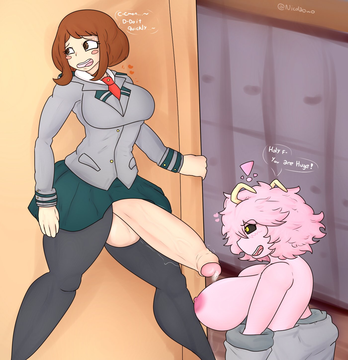 1futa, 1girls, 2021, areolae, balls, big breasts, big penis, breasts, brown eyes, brown hair, clothed, clothing, dialogue, dressed, duo, female, futa on female, futa with female, futanari, hair, huge cock, human, humanoid, imminent sex, intersex, large penis, locker room, long penis, looking at another, looking back, looking pleasured, mina ashido, mostly clothed, my hero academia, nicolaowo, ochako uraraka, pale skin, penis, penis awe, penis size talk, pink hair, pink nipples, pink skin, precum, public, school uniform, shounen jump, size talk, standing, stealth sex, teenager, text, thick penis, thick thighs, thighs, uncensored, undressing, uniform, yellow eyes