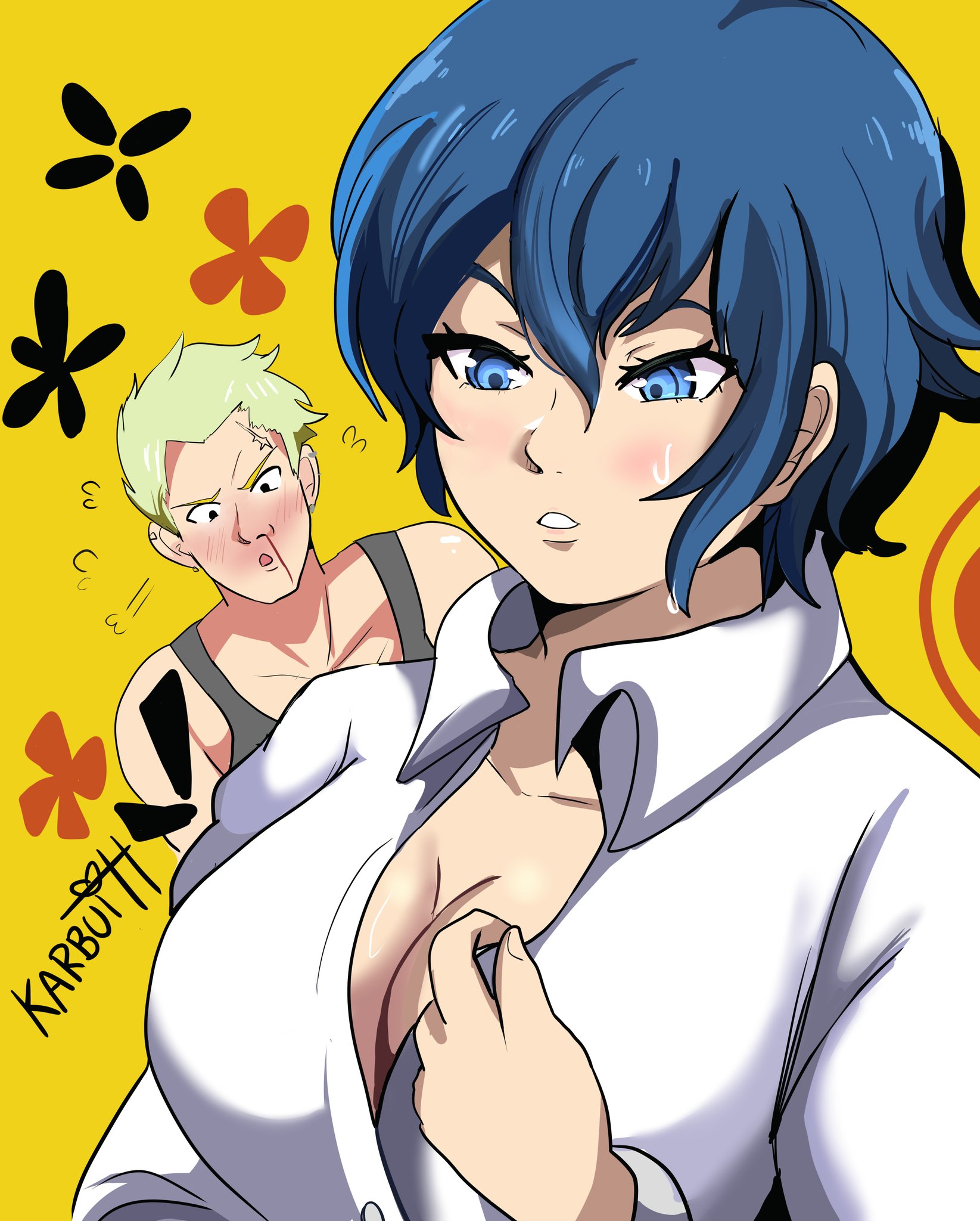 1boy, 1girls, alternate breast size, atlus, breasts, cleavage, female, kanji tatsumi, karbuitt, male, nosebleed, persona, persona 4, sega, shirogane naoto