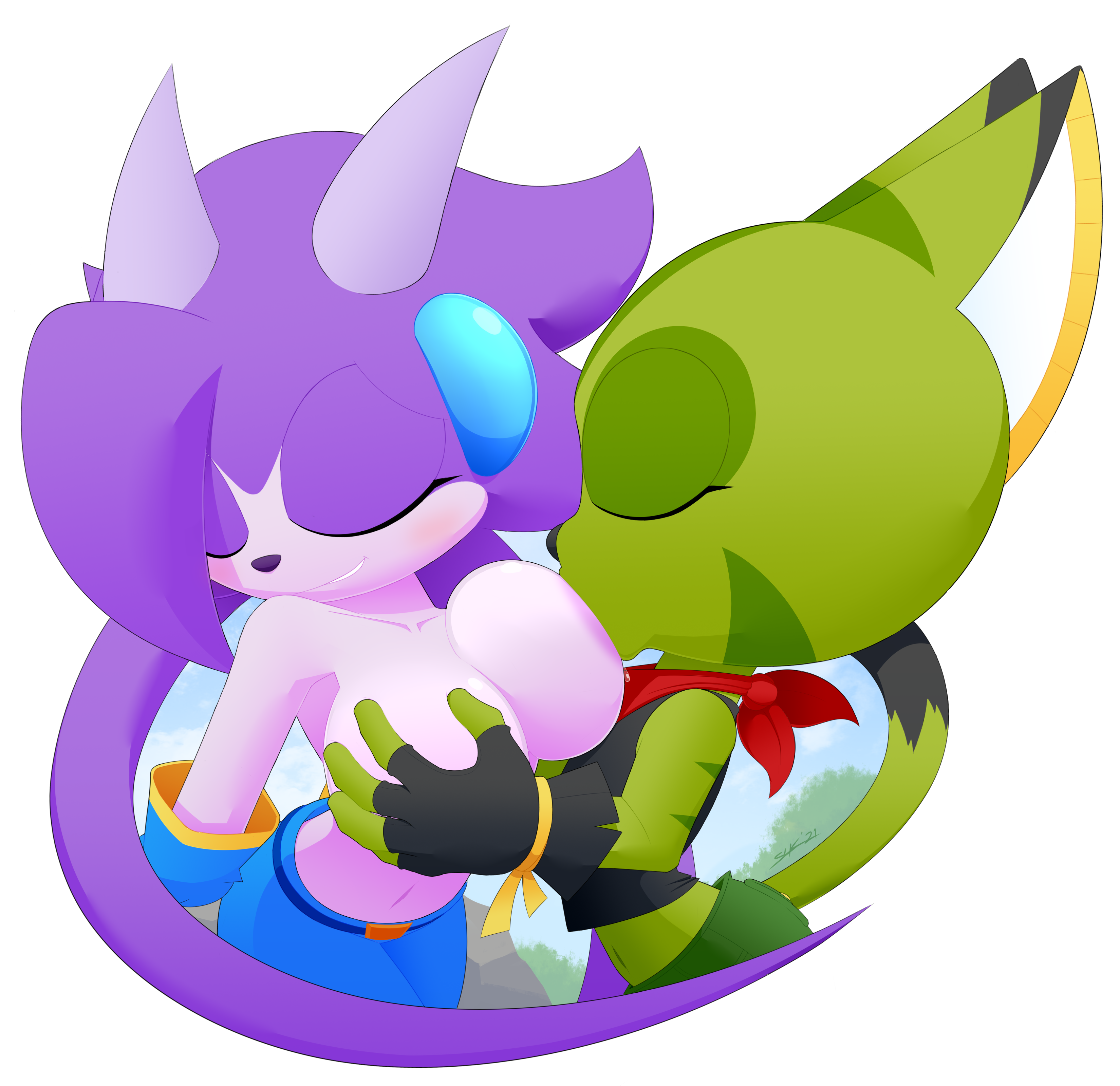 2girls, anthro, big breasts, breast sucking, breasts, carol tea, closed eyes, female, freedom planet, furry, large breasts, sash lilac, slickehedge, topless, yuri