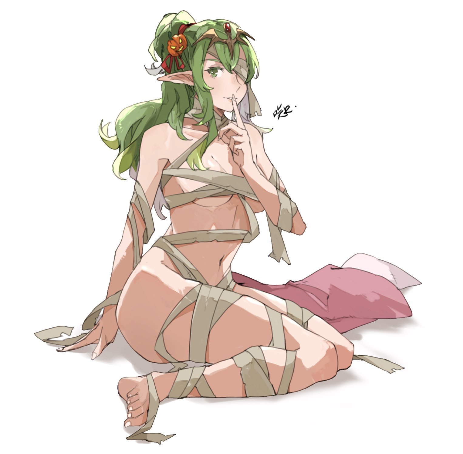 arm support, ass, bandage, bandage over one eye, bandages, barefoot, breasts, cleavage, female, finger to mouth, fingerless gloves, fingernails, fire emblem, fire emblem awakening, gloves, green eyes, green hair, halloween, high ponytail, highres, legs, looking at viewer, medium breasts, mummy, naked bandage, navel, nintendo, pillow, pointy ears, ponytail, sakuremi, shushing, sidelocks, signature, simple background, sitting, solo, thighs, tiki (fire emblem), tiki (fire emblem) (adult), toenails, wavy hair, white background, yokozuwari