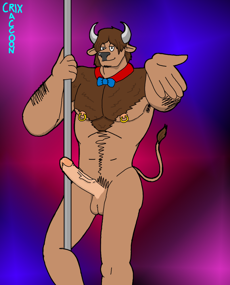 anthro bison body_hair bovid bovine bow_tie crix_raccoon erection genitals gradient_background humanoid_genitalia humanoid_penis looking_at_viewer male male_only mammal muscular nipple_piercing nipples nude pecs penis piercing pole reaching_towards_viewer simple_background solo stripper stripper_pole stylized_pubes