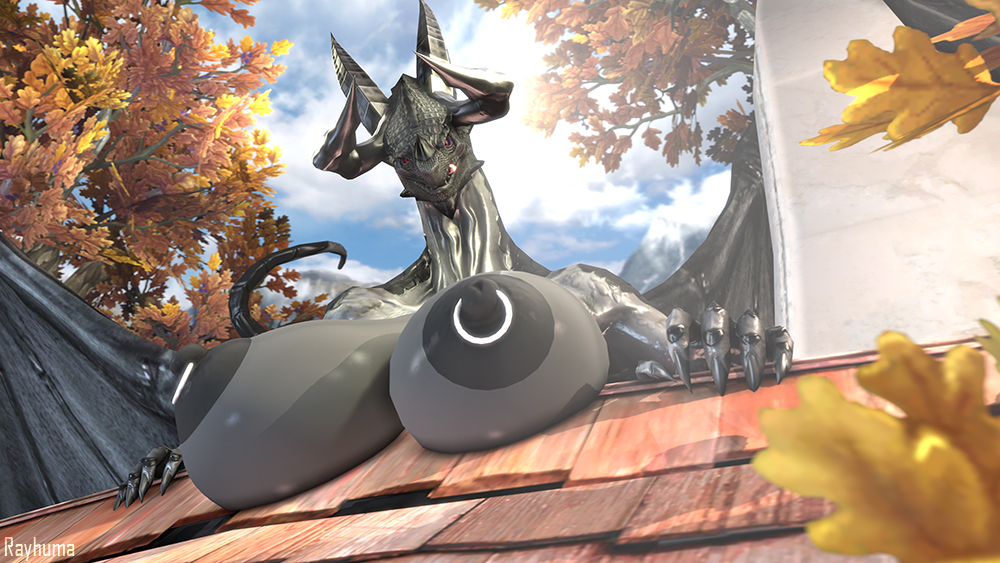 3d bethesda_softworks big_breasts breasts dragon female horns huge_breasts large_breasts large_female nipple_piercing nipples outdoors outside rayhuma red_eyes roof scales scalie sfm sharp_claws sharp_teeth skyrim source_filmmaker tail the_elder_scrolls tongue trees watermark wings
