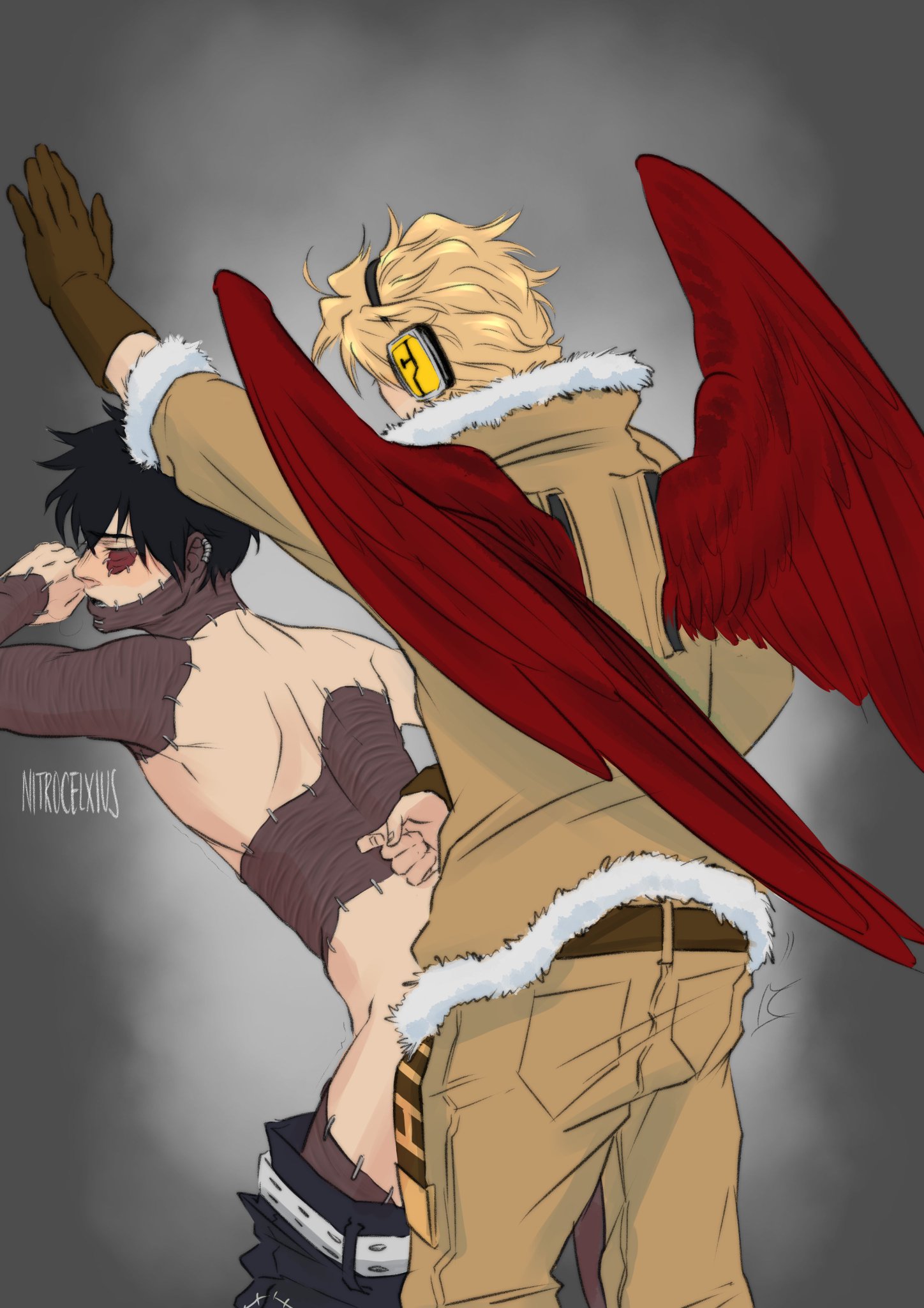 2boys, anal, anal sex, artist name, bare back, bare shoulders, black hair, blonde hair, boku no hero academia, burn scar, closed eyes, clothed, clothing, dabi, feathered wings, gay, gloves, hawks (my hero academia), keigo takami, male, male penetrated, male penetrating, male/male, multiple boys, multiple males, my hero academia, nitrocelxius, pants down, scar, scars, takami keigo, todoroki touya, touya todoroki, wings, yaoi