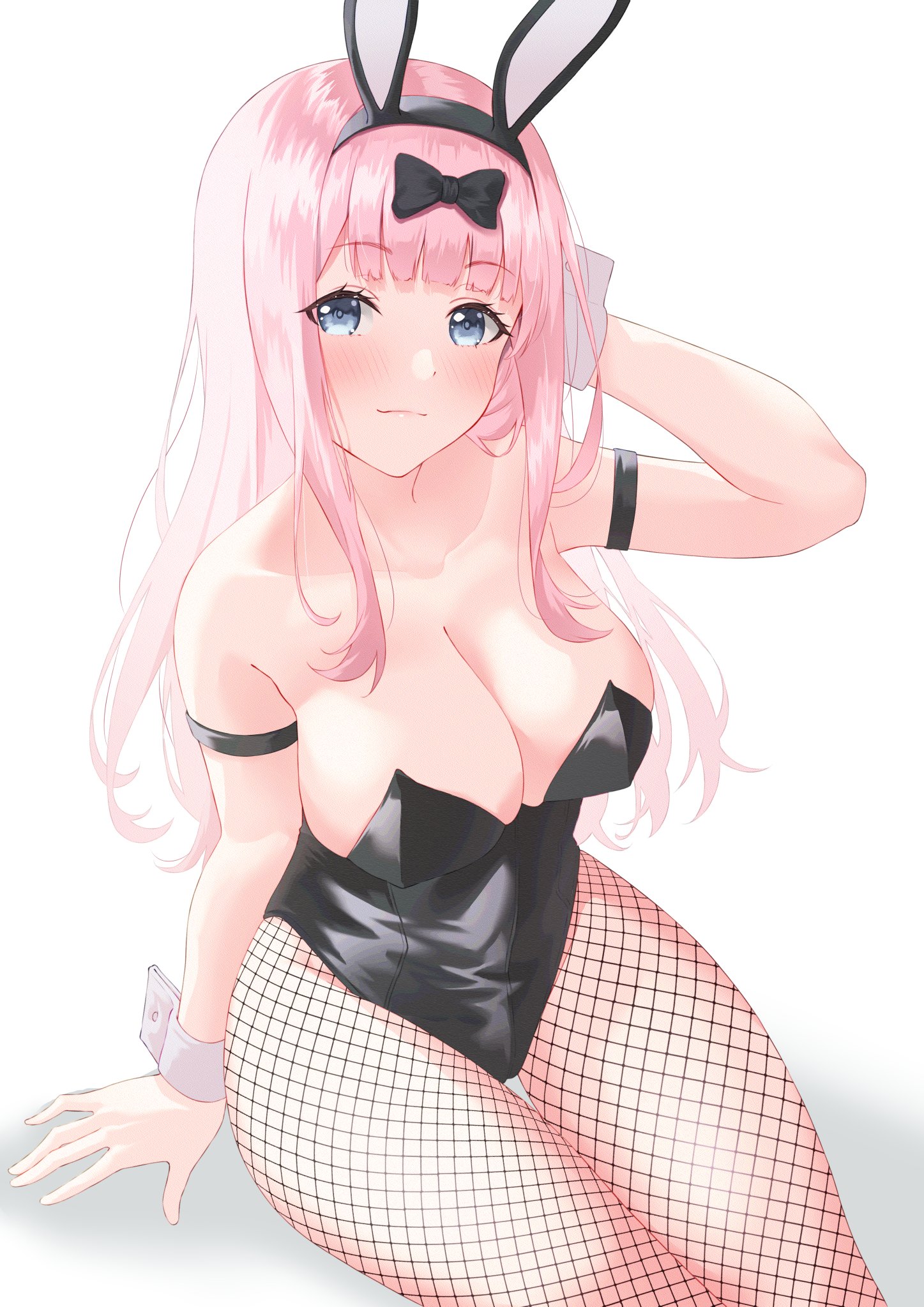 bangs, big breasts, blue eyes, bowtie, breasts, bunny ears, bunnysuit, female, fishnet stockings, fujiwara chika, kaguya-sama wa kokurasetai ~tensai-tachi no renai zunousen~, pink hair, thighs