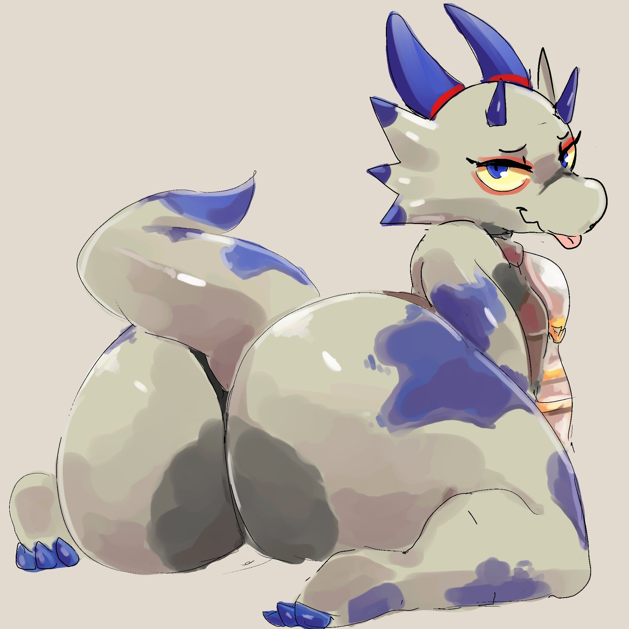 :p, 1girls, anthro, ass, big ass, big butt, blue claws, blue eyes, female, female only, grey body, horn, huge ass, huge butt, kiseff, kobold, looking at viewer, looking back, reptile, seductive, solo, tagme, thick thighs