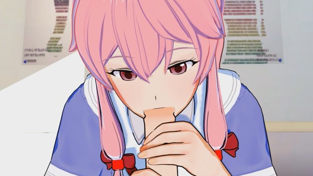 3d cute dick eye_contact fringe gasai_yuno just_the_tip mirai_nikki oral penis pink_eyes pink_hair pov teenager twintails yandere