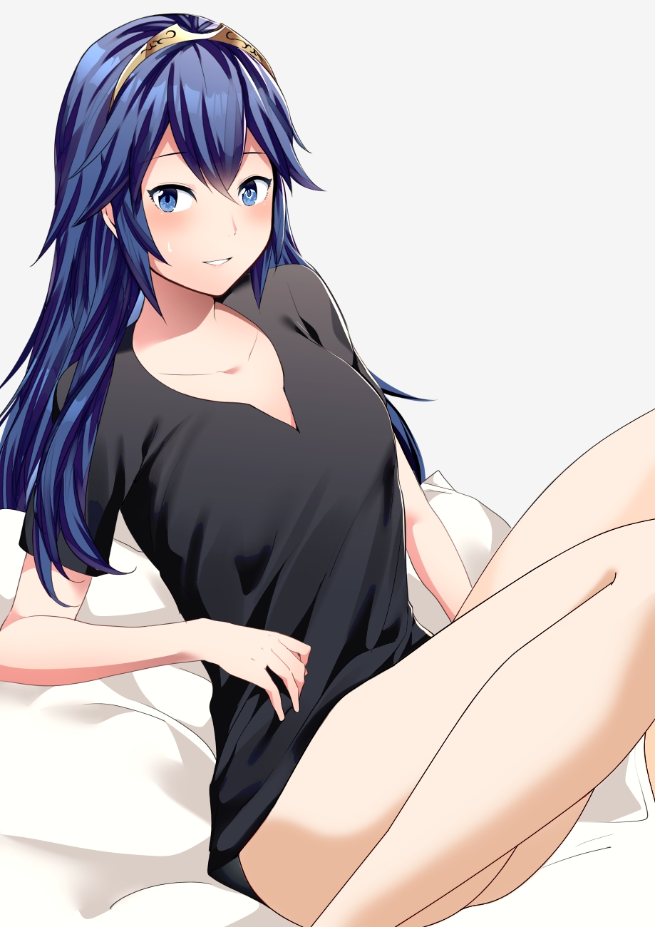 ameno_(a_meno0) bare_legs bottomless collarbone edit eyebrows_visible_through_hair fire_emblem fire_emblem_awakening looking_at_viewer lucina_(fire_emblem) no_panties no_pants shirt shirt_only smile symbol-shaped_pupils unrealityedits