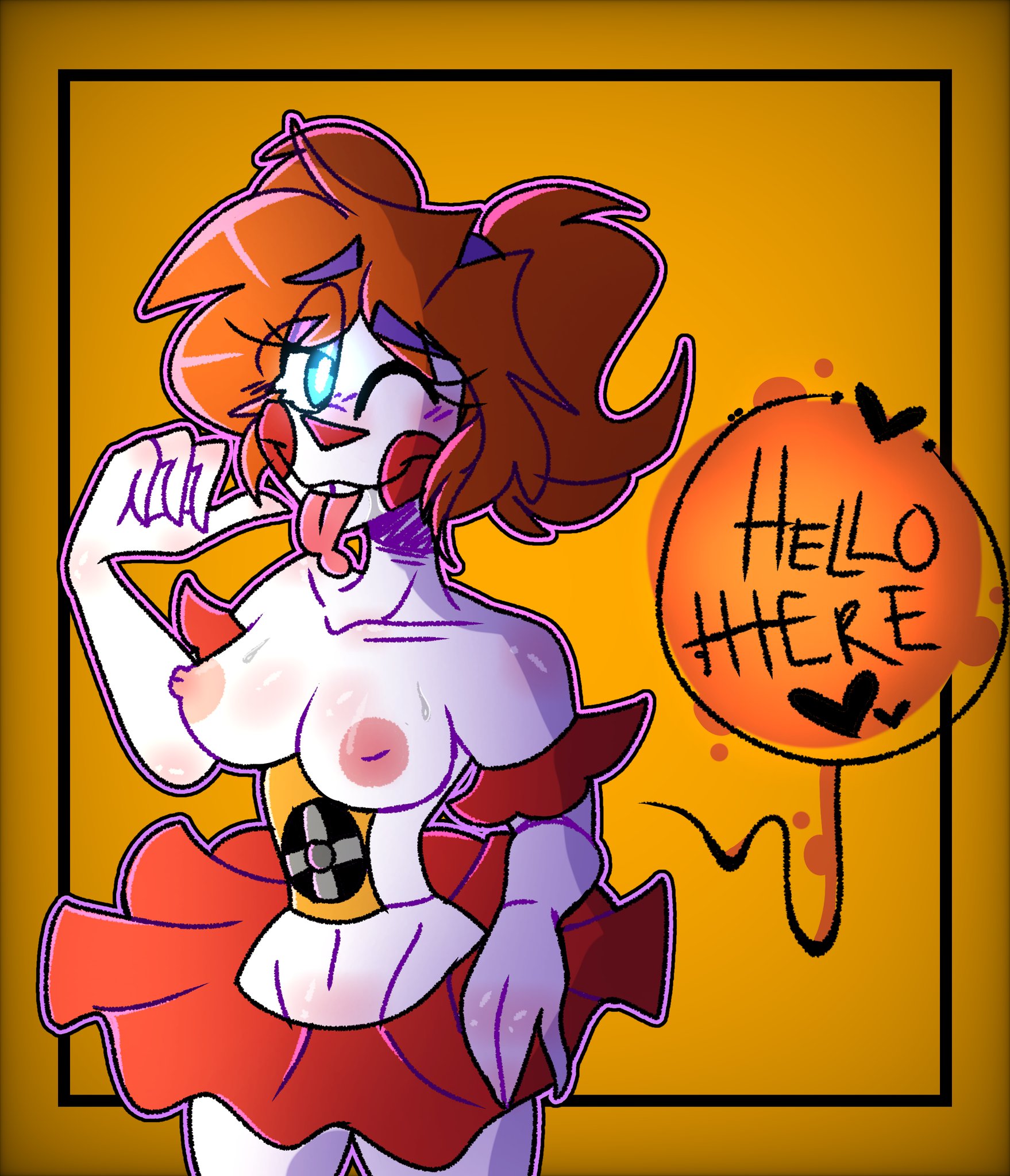 android, animatronic, baby (fnafsl), blue eyes, breasts, circus baby, circus baby (fnaf), clown, clown girl, clown nose, color, colored, digital media (artwork), fan, female, five nights at freddy's, goldyrose22, hi res, medium breasts, nipples, not haunted, orange hair, partially clothed, perky breasts, red skirt, robot girl, robot humanoid, seductive, seductive eyes, seductive look, shiny skin, sister location, skinny, skirt, solo, sweatdrop, text, tongue, tongue out, ultimate custom night, white body, wink, winking