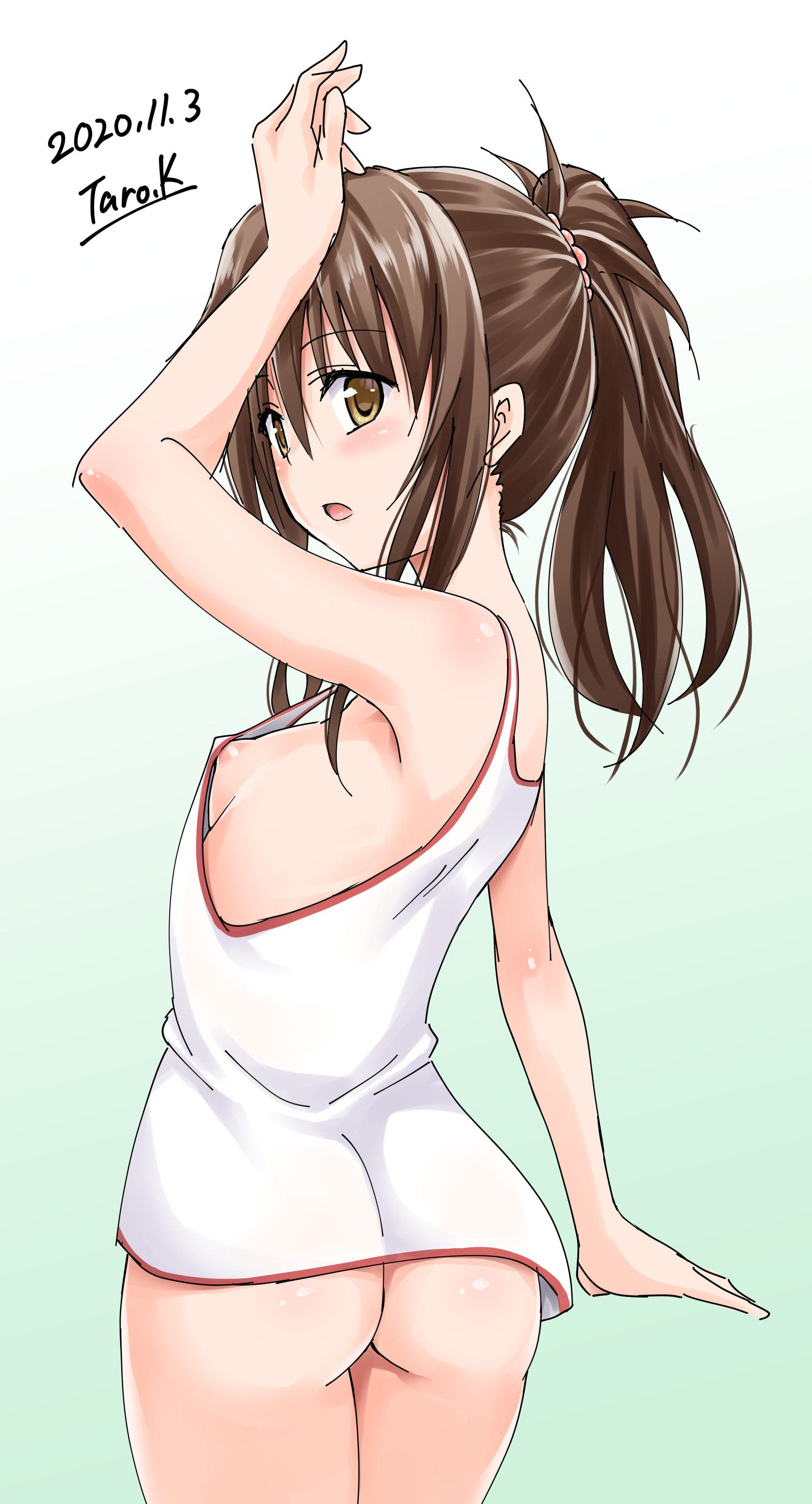 2020, arched back, armpits, ass, bottomless, breasts, brown hair, clothing, dated, female, flat chest, golden eyes, kasukabe tarou, looking back, nipples, partially clothed, partially nude, shirt only, sideboob, sleeveless shirt, small breasts, strap gap, to love-ru, visible nipples, yellow eyes, yuuki mikan
