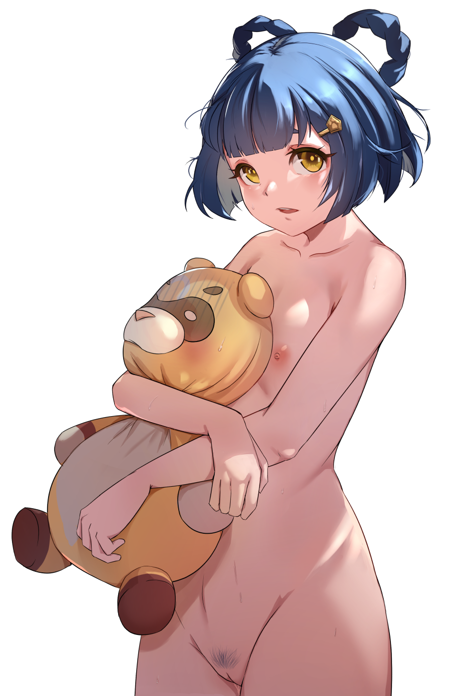 areolae blue_hair breasts completely_nude female flat_chest genshin_impact gouba_(genshin_impact) hair_ornament kasseusmaximus nipples nude open_mouth plushie pubic_hair pussy short_hair small_breasts white_background xiangling_(genshin_impact) yellow_eyes