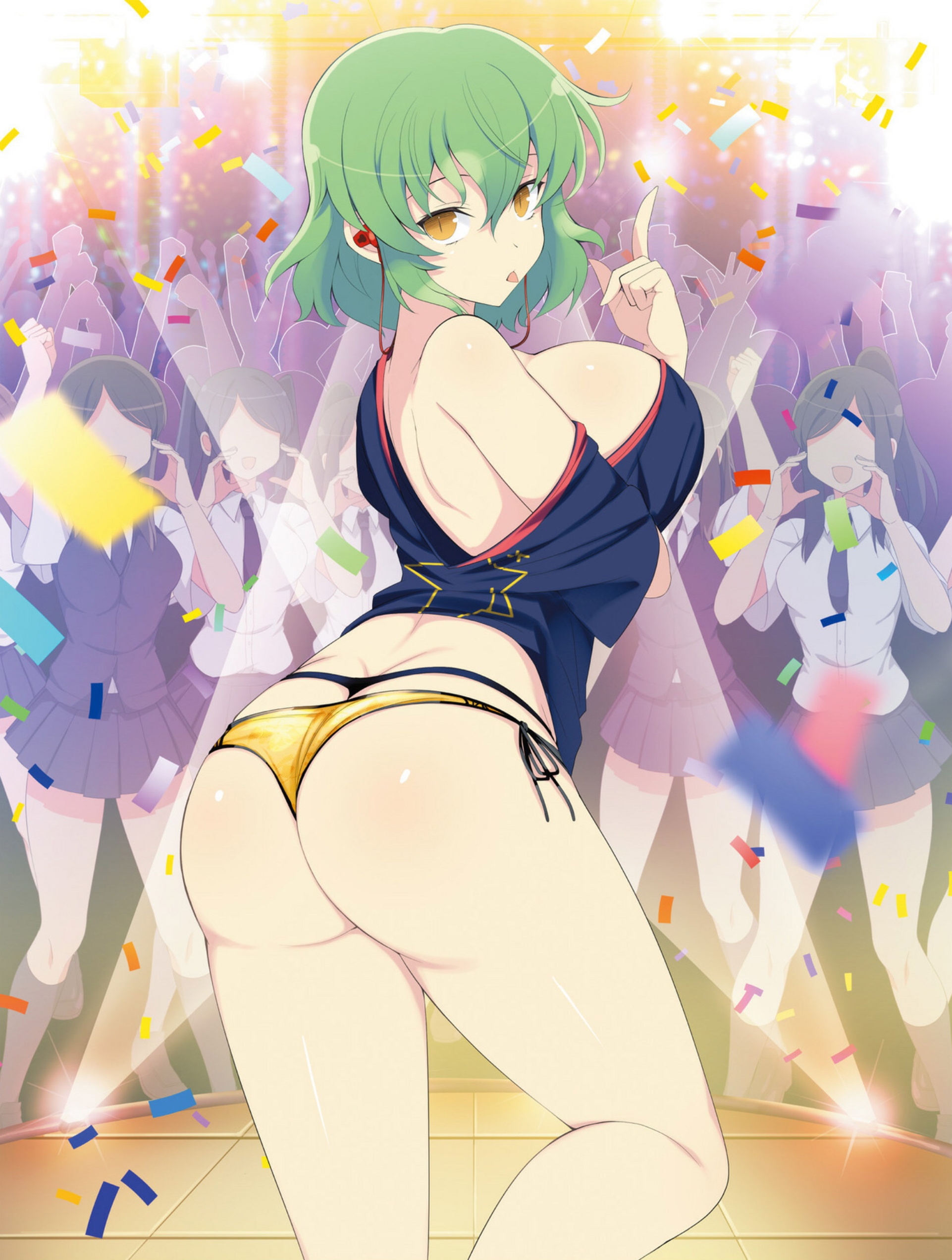 ass, ass cleavage, ass crack, back, back view, bikini, breast lift, breasts, butt crack, crowd, earbuds, exposed ass, female, green hair, headphones, hikage (senran kagura), huge ass, huge breasts, idol, large ass, large breasts, looking at viewer, looking back, medium hair, multiple females, multiple girls, off shoulder, pose, posterior cleavage, presenting, presenting hindquarters, revealing clothes, senran kagura, sideboob, slit, snake eyes, thick thighs, thighs, thong, tongue, tongue out, undressing, yaegashi nan, yellow eyes