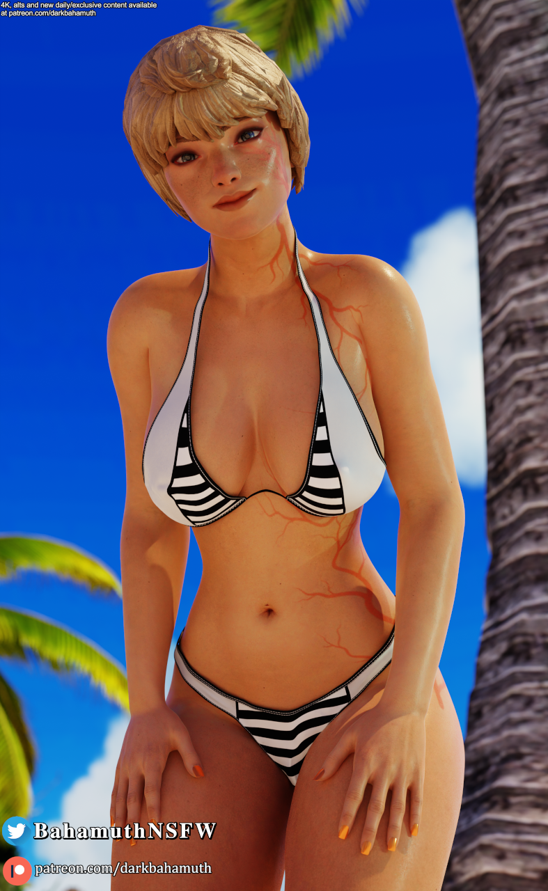 1girls 3d 3d_(artwork) apex_legends beach bikini bikini_bottom bikini_top blonde_hair blue_eyes blurry_background breasts cleavage clothed cropped_legs darkbahamuth female front_view halterneck hands_on_thighs legs_together lichtenberg_figure lightning_scar looking_at_viewer navel nipple_bulge painted_nails palm_tree patreon_username pinup scar scars standing twitter_username wattson_(apex_legends)