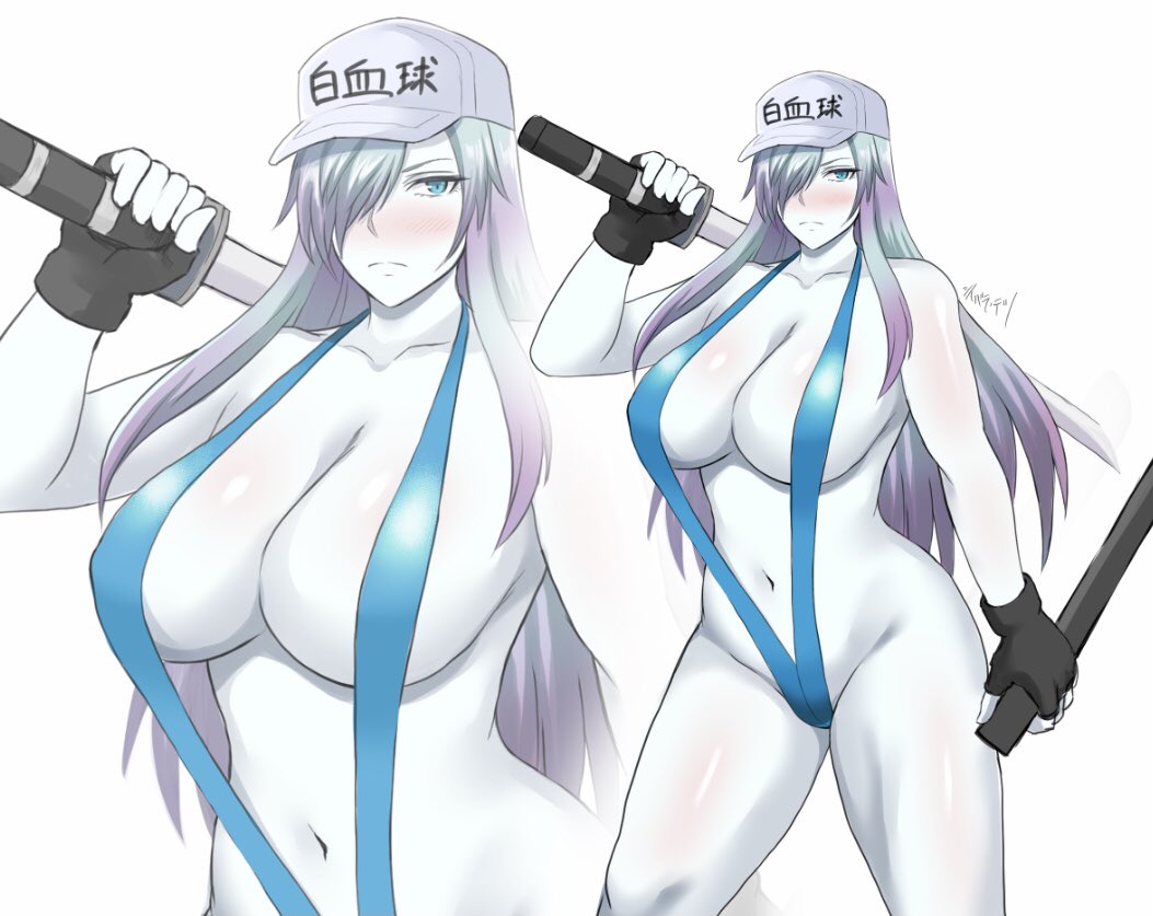 1girls, alternate costume, bare shoulders, big breasts, blue eyes, blush, breasts, cleavage, clothing, curvy, eyelashes, female, female focus, female only, fingerless gloves, frown, gloves, hair over one eye, hat, hataraku saibou, hataraku saibou black, hips, japanese text, large breasts, long hair, looking to the side, navel, one-piece swimsuit, revealing clothes, scabbard, shibusun, shiny skin, sideboob, silver hair, simple background, skimpy, sling bikini, solo, solo female, swimsuit, sword, text, thick thighs, thighs, u-1196, voluptuous, weapon, weapon over shoulder, white background, white blood cell (hataraku saibou), white skin, wide hips