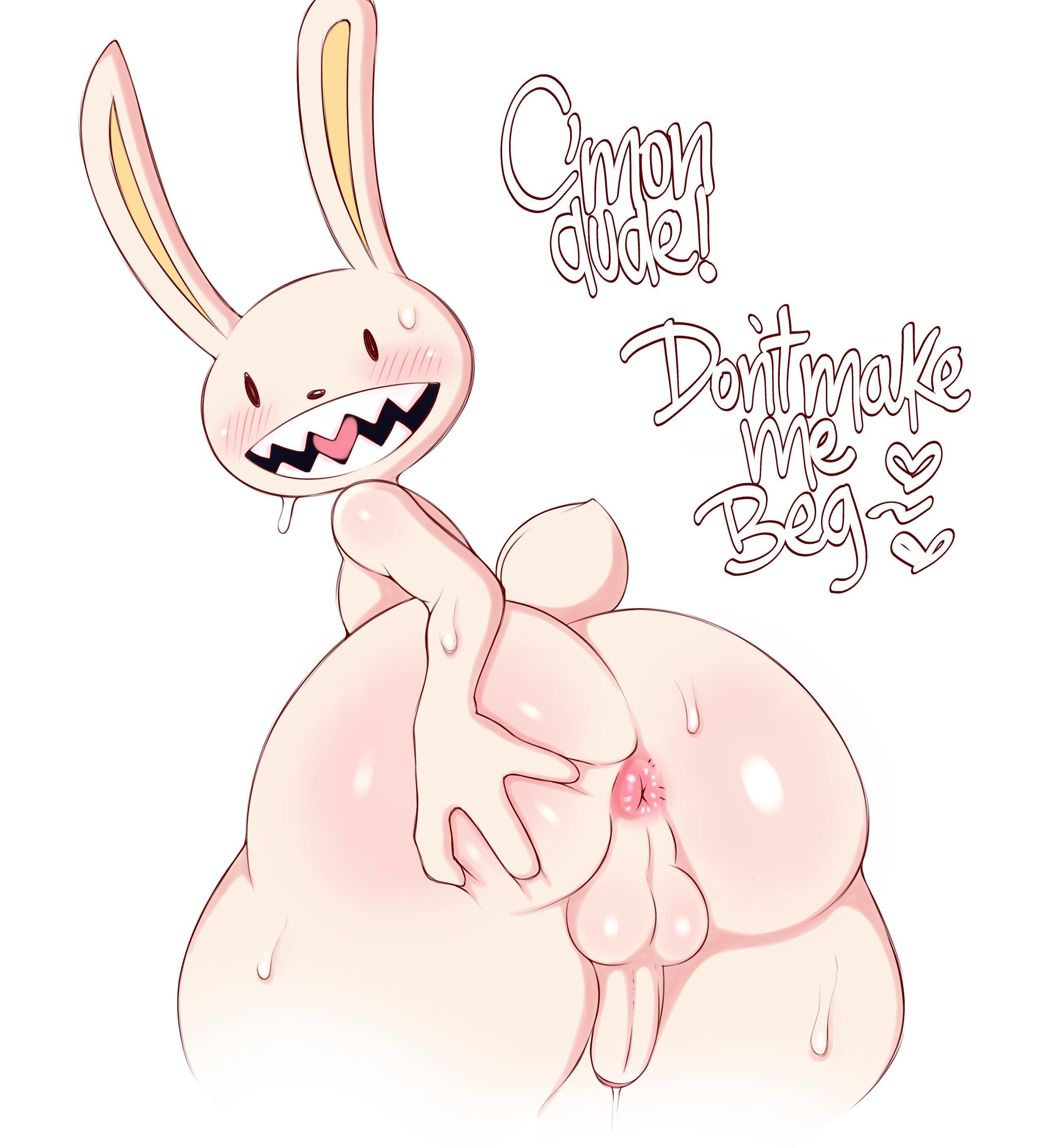 1boy, anthro, anus, ass, ass dough, backsack, balls, ballsack, big ass, big butt, deep skin, english text, huge ass, male, male anus, male only, max (sam and max), mob face, penis, rear view, saltyxodium, sam and max, simple background, text, white body