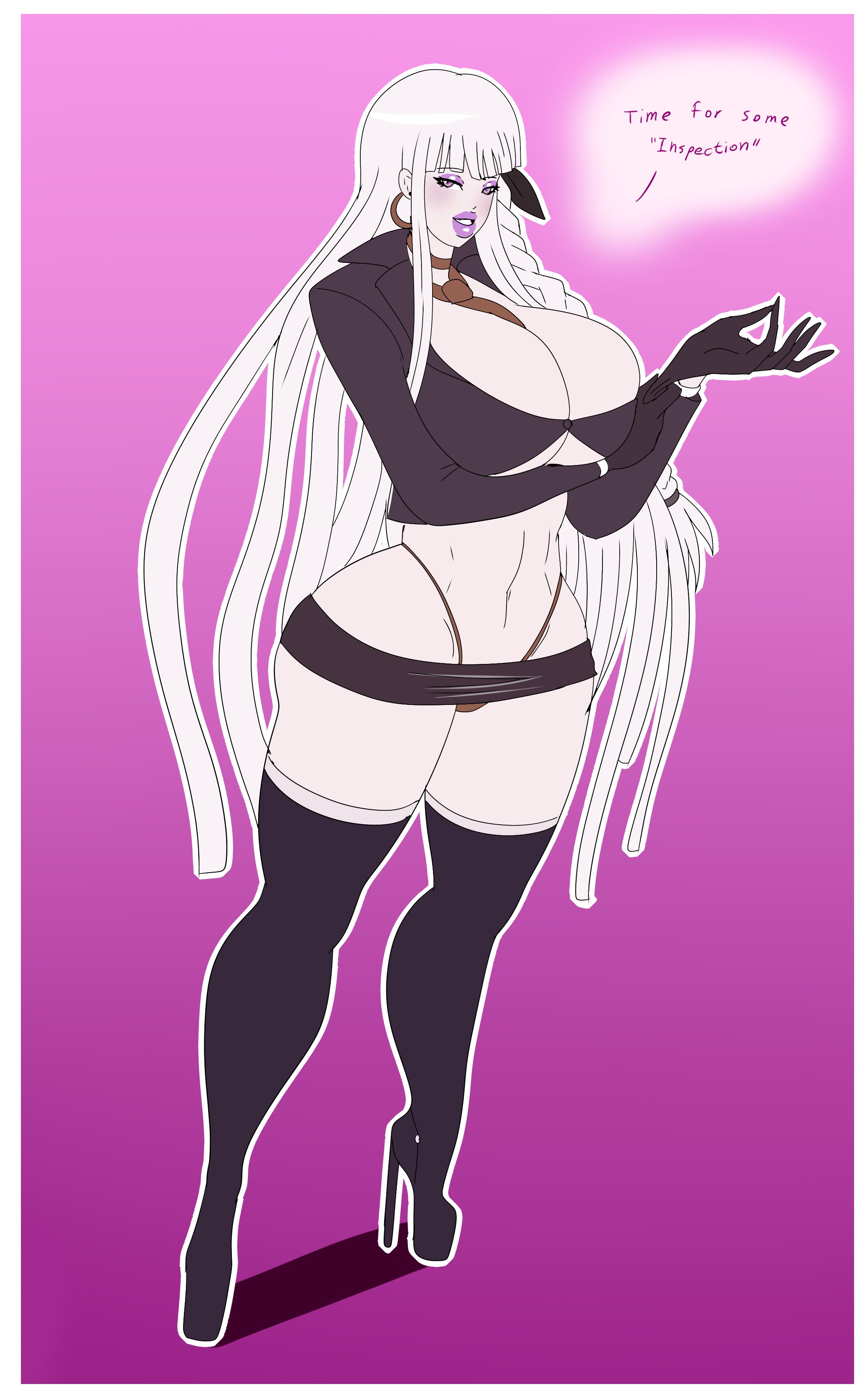 1girls, annon, bedroom eyes, bimbo, breasts, danganronpa, danganronpa 1, danganronpa: trigger happy havoc, female, female only, gloves, high heels, hoop earrings, hourglass figure, kirigiri kyoko, large breasts, long hair, miniskirt, pink hair, pink lipstick, smile, smooth skin, solo, tagme, thick thighs, thong, tie, toned, toned female