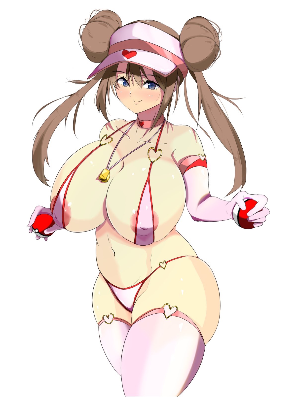 1girls, alternate breast size, areolae, big breasts, bikini, blue eyes, blush, breasts, brown hair, curvaceous, double bun, eye contact, female, gloves, hat, huge breasts, kia-shi, large breasts, looking at viewer, micro bikini, nintendo, pokemon, pokemon bw2, rosa (pokemon), smile, solo, standing, thick thighs, thigh gap, thighhighs, thighs, twintails, voluptuous