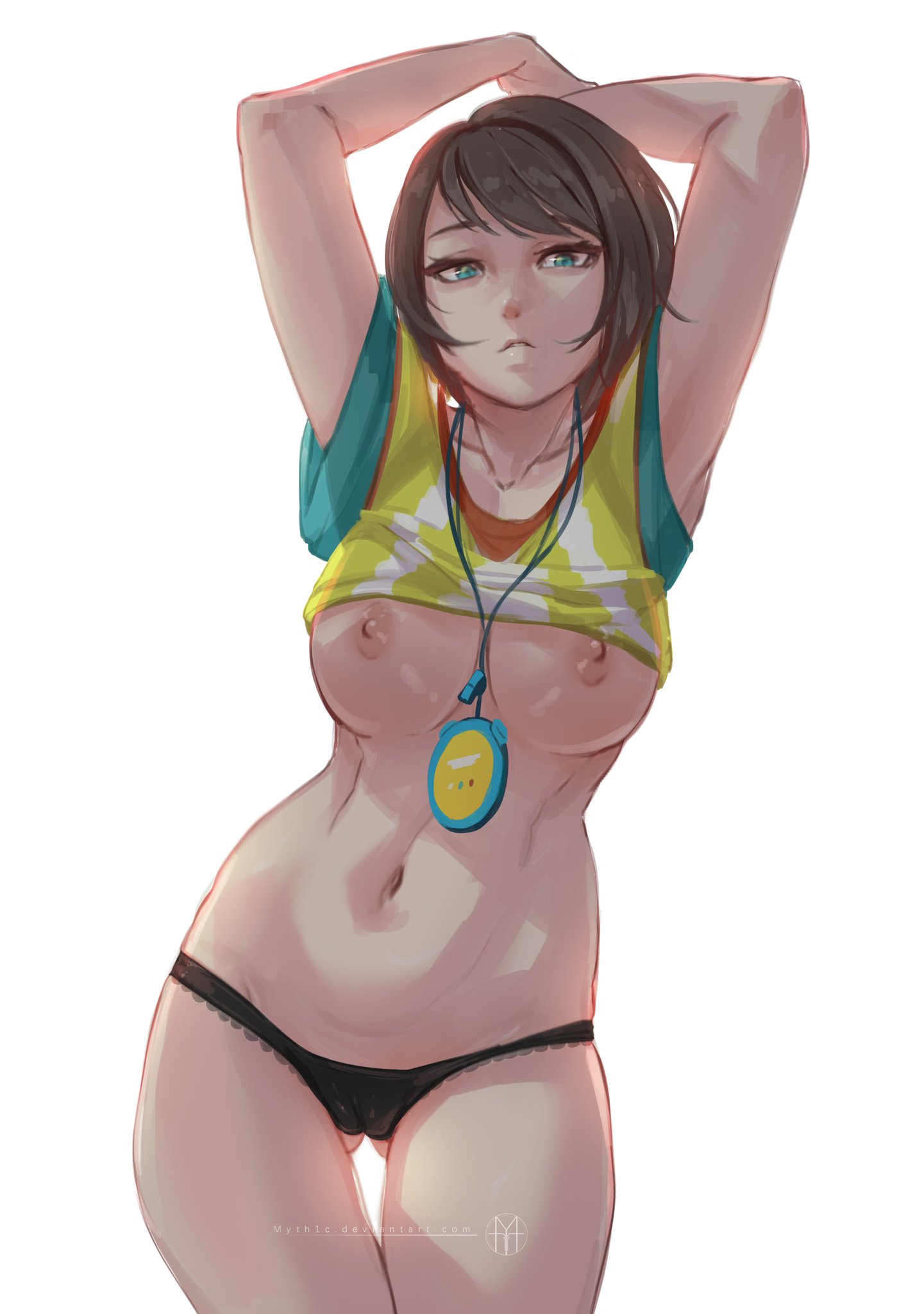 armpits, breasts, brown hair, female, green eyes, hololive, hololive gen 2, hololive japan, myth1c, nipples, oozora subaru, panties, shirt, shirt lift, shirt up, short hair, thick thighs, thigh gap, tomboy, virtual youtuber