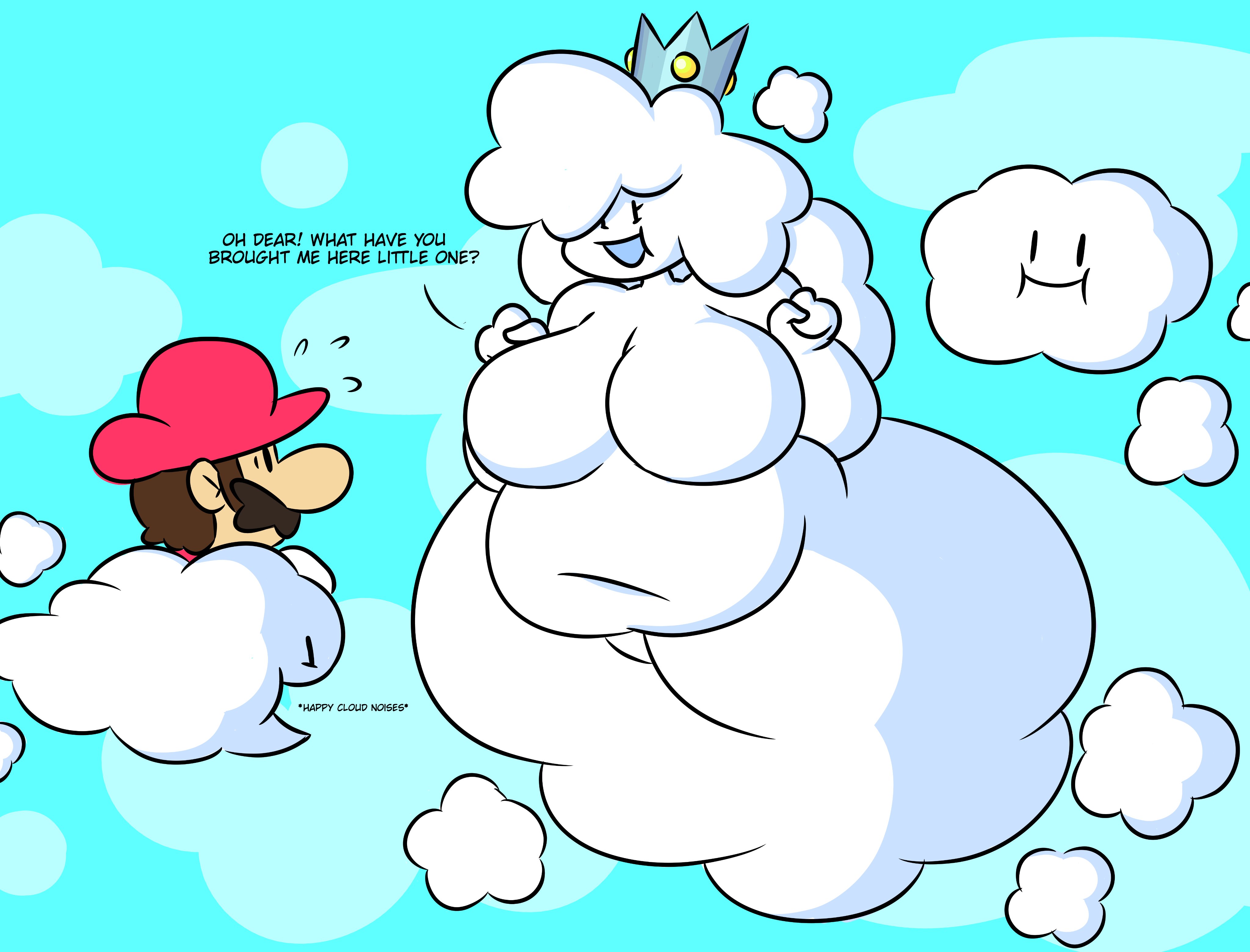 1boy, 1girls, ambiguous gender, anthro, ass, big ass, big belly, big breasts, big butt, breasts, chubby, chubby female, cloud, crown, cute, english text, featureless breasts, female, female focus, large breasts, larger female, male, mario, mario (series), no nipples, original character, outdoors, princess puffy, size difference, sleepyslut, soft, text, tummy, white body, white skin, wholesome