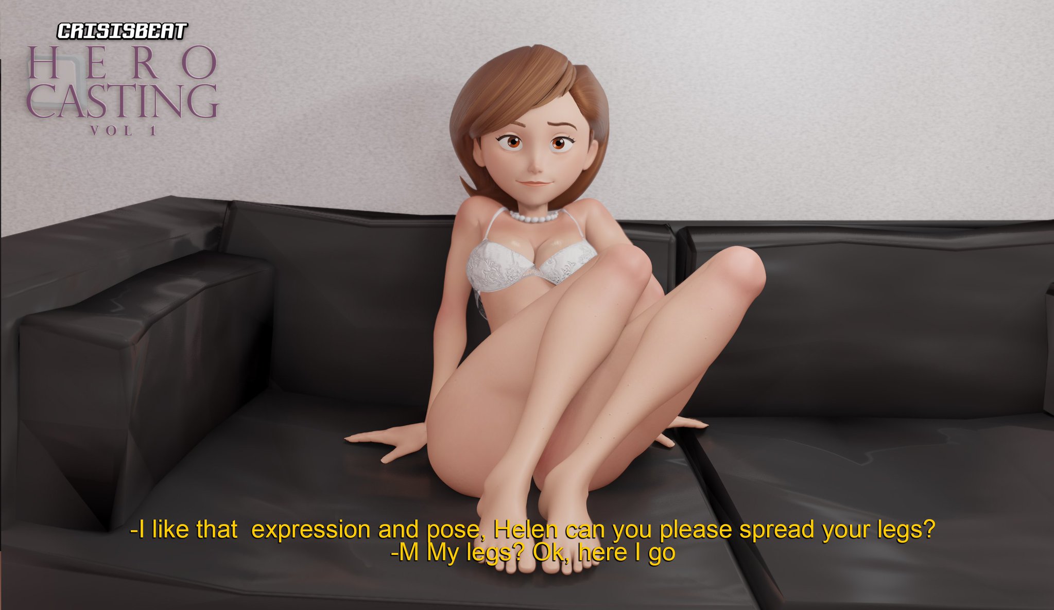 1girls, 3d, ass, bra, breasts, brown hair, bubble ass, bubble butt, cleavage, crisisbeat, curvaceous, curvy, dialogue, disney, female, female focus, g-string, hazel eyes, helen parr, hero casting, legs, light skin, light-skinned female, lingerie, looking at viewer, lower body, medium breasts, model, modeling, mother, panties, pearl necklace, photoshoot, pixar, short hair, smooth skin, solo, solo focus, text, the incredibles, thick, thick legs, thick thighs, thighs, underwear, upper body, voluptuous, watermark, white lingerie