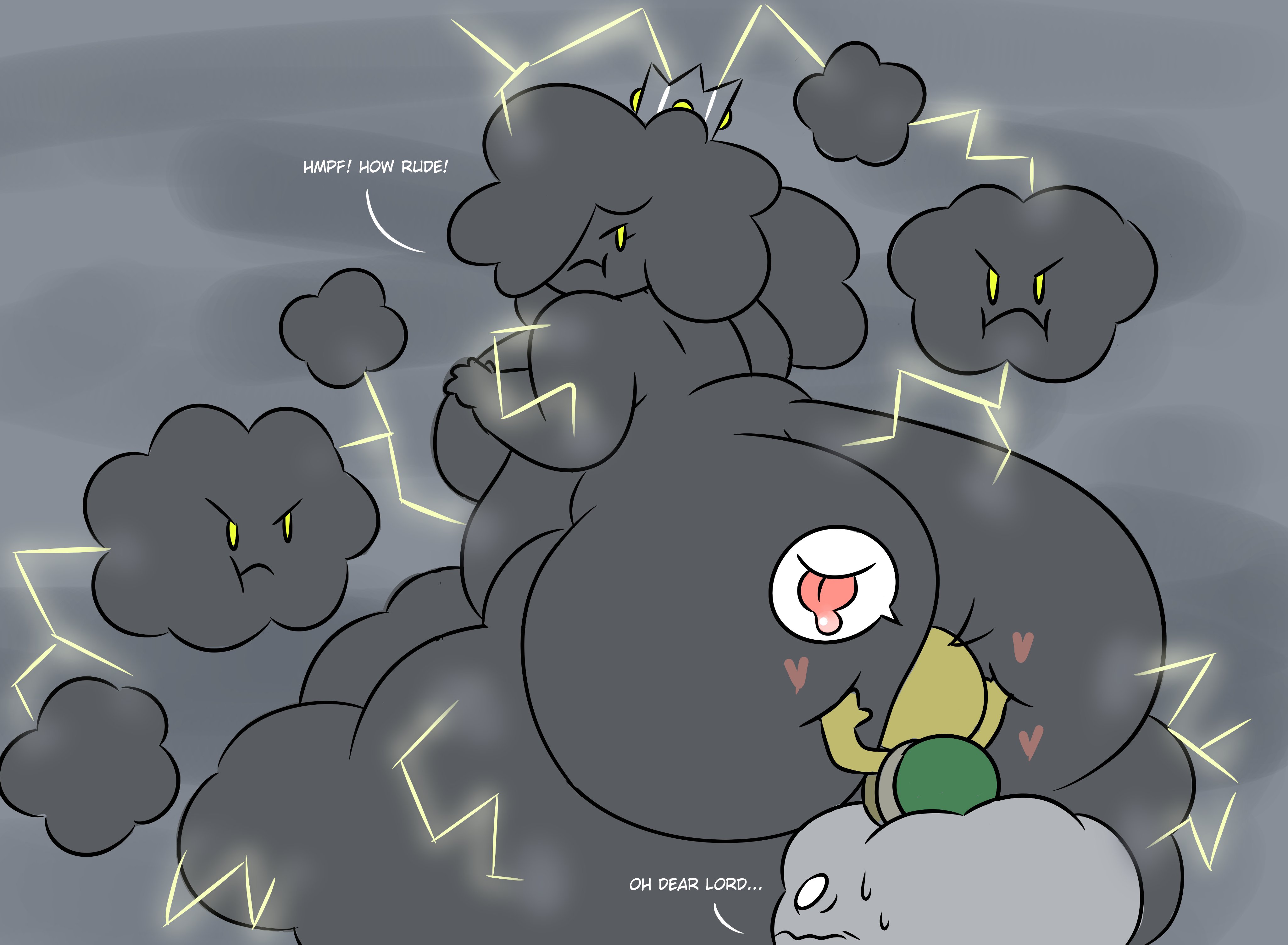 1girls, ambiguous gender, anthro, ass, big ass, big belly, big breasts, big butt, breasts, chubby, chubby female, cloud, crown, cute, english text, female, female focus, lakitu, large breasts, larger female, looking at another, looking back, mario (series), original character, outdoors, princess puffy, size difference, sleepyslut, soft, text, tummy, white body, white skin