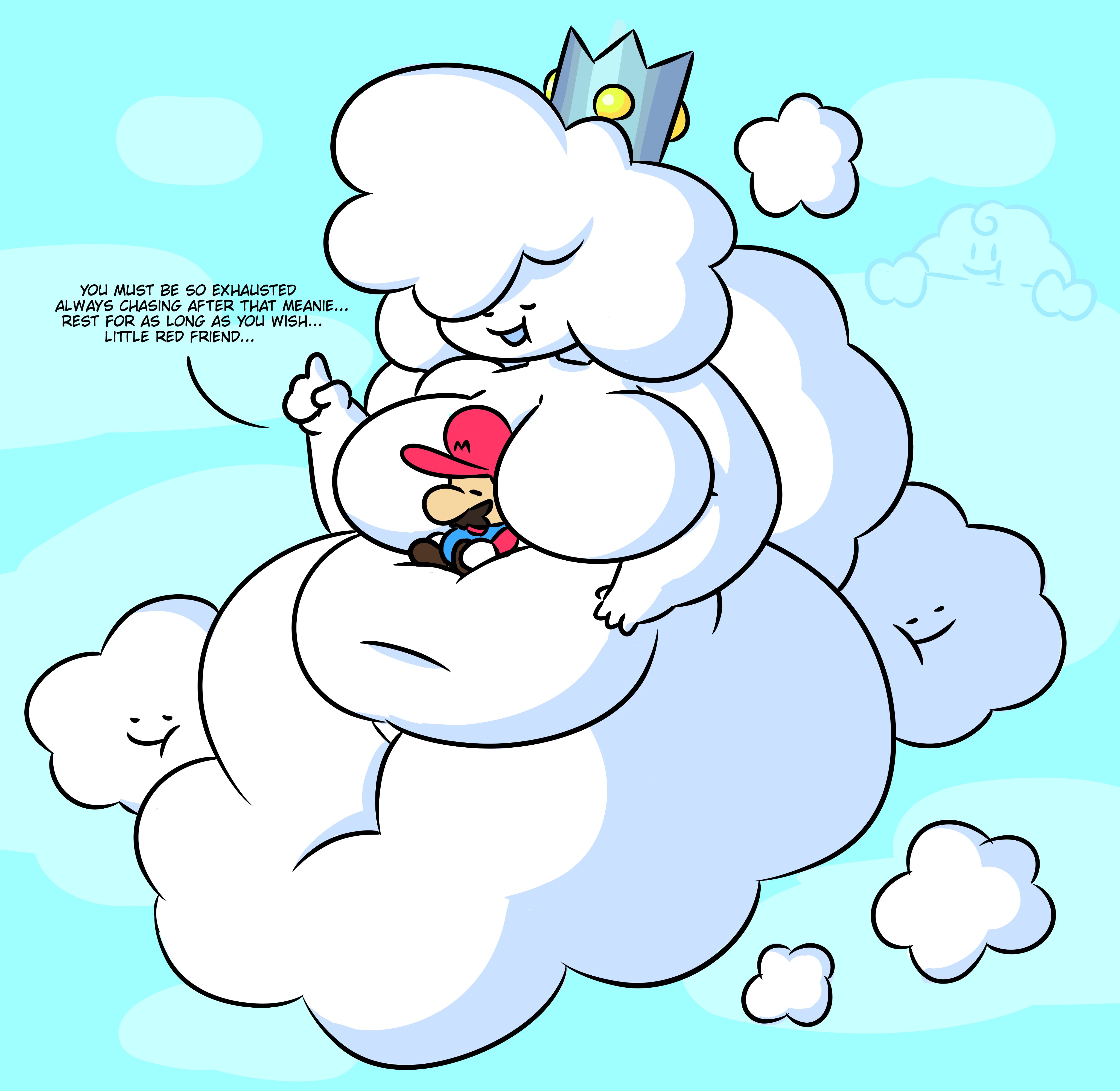 1boy, 1girls, ambiguous gender, anthro, ass, big ass, big belly, big breasts, big butt, breasts, chubby, chubby female, cloud, crown, cute, english text, featureless breasts, female, female focus, large breasts, larger female, male, mario, mario (series), no nipples, original character, outdoors, princess puffy, size difference, sleepyslut, soft, text, tummy, white body, white skin, wholesome
