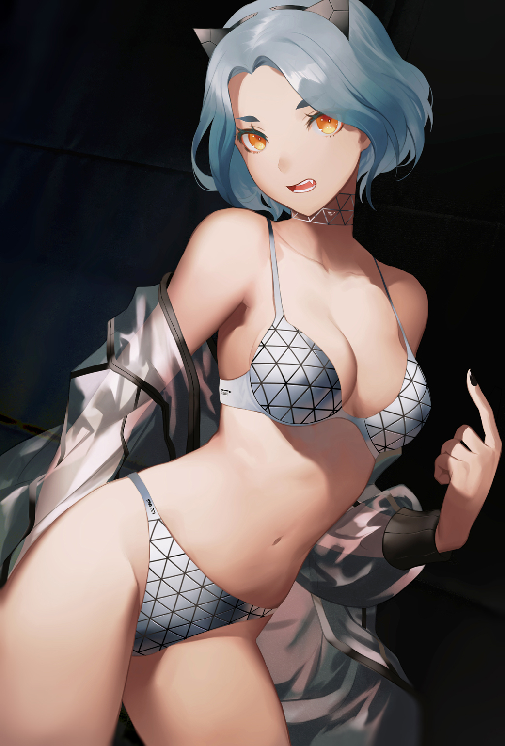 1girls, bare shoulders, black nails, bra, breasts, choker, clothing, collarbone, cowboy shot, curvaceous, curvy, fangs, female, female focus, female only, headband, highres, hips, horns, jacket, light skin, light-skinned female, lingerie, looking at viewer, medium breasts, midriff, nail polish, navel, off shoulder, open clothes, original, pale skin, pale-skinned female, panties, parted bangs, parted lips, posing, puffy sleeves, revealing clothes, salmon88, see-through, short hair, silver hair, simple background, solo, solo female, stomach, thick thighs, thighs, toned, toned female, underwear, yellow eyes