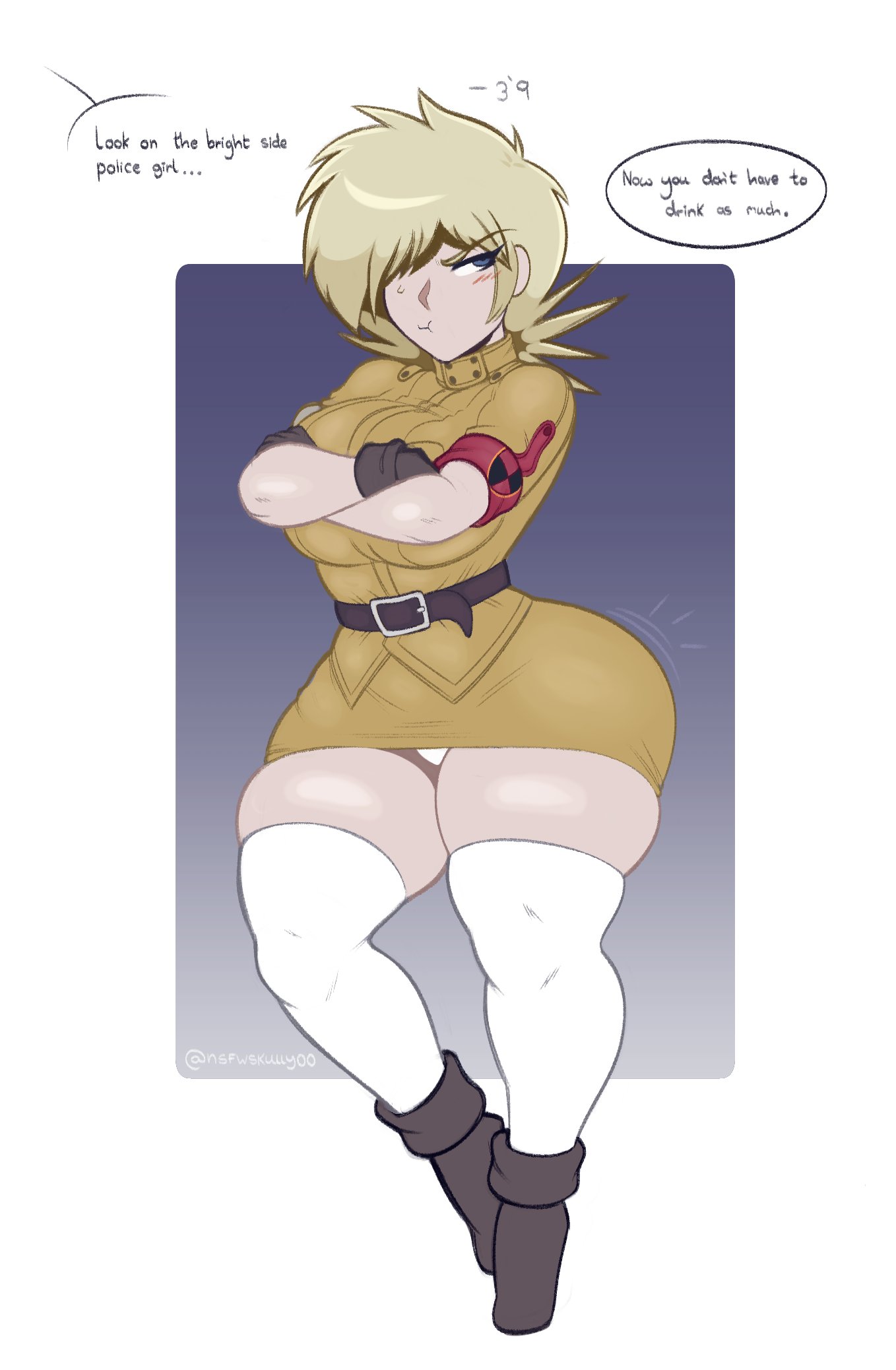 annoyed, ass, big ass, big breasts, big butt, blush, breasts, clothing, dialogue, female, hellsing, panties, seras victoria, shortstack, solo, solo female, speech bubble, text, thick thighs, thighhighs, tight clothing, wide hips, zetaskully