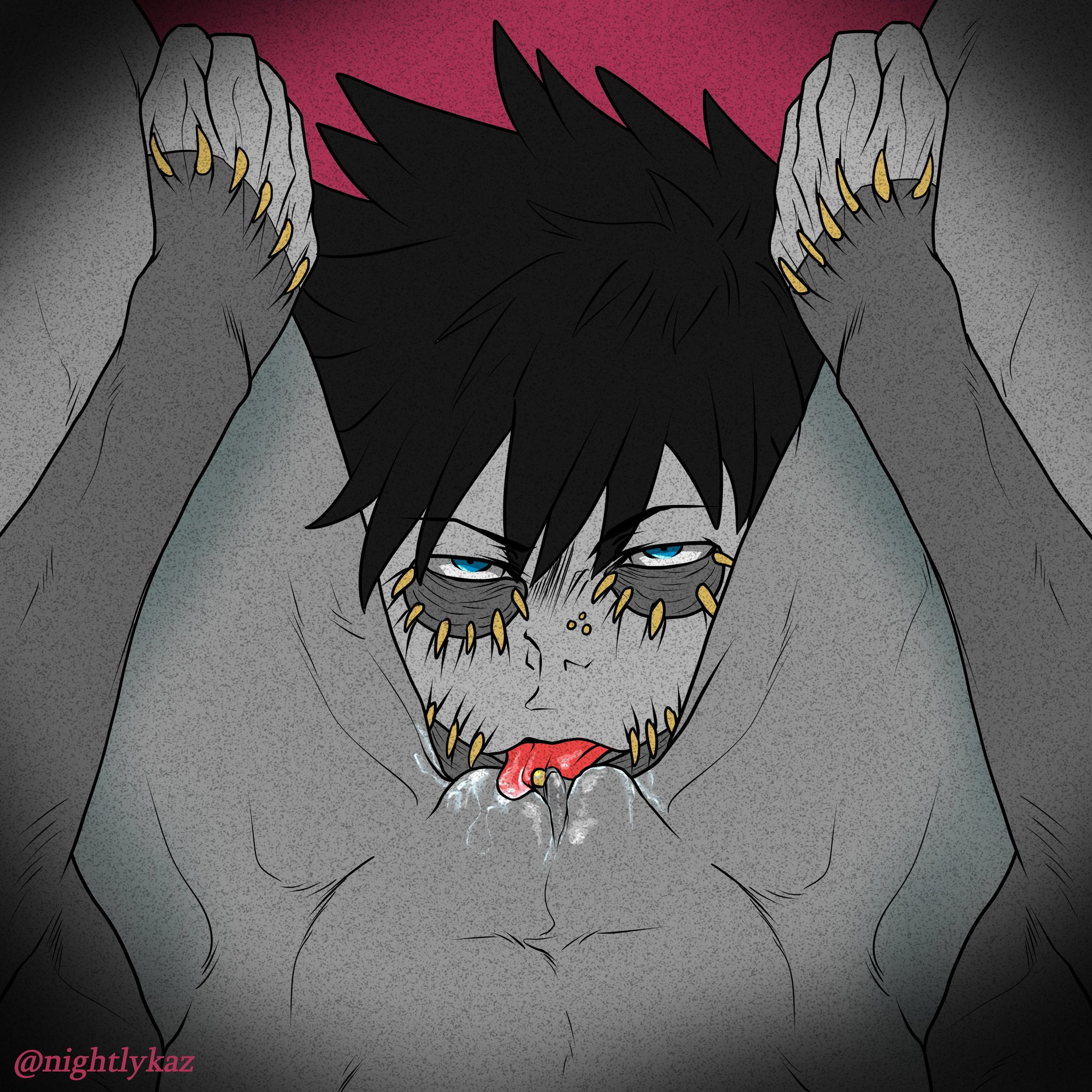 1boy, ambiguous gender, artist name, black hair, burn scar, cunnilingus, dabi, eating pussy, female, hands on thighs, licking, licking pussy, limited palette, male, male focus, my hero academia, nightlykaz, oral, oral sex, piercing, pussy, scar, scars, self insert, todoroki touya, tongue, tongue piercing, touya todoroki, vagina