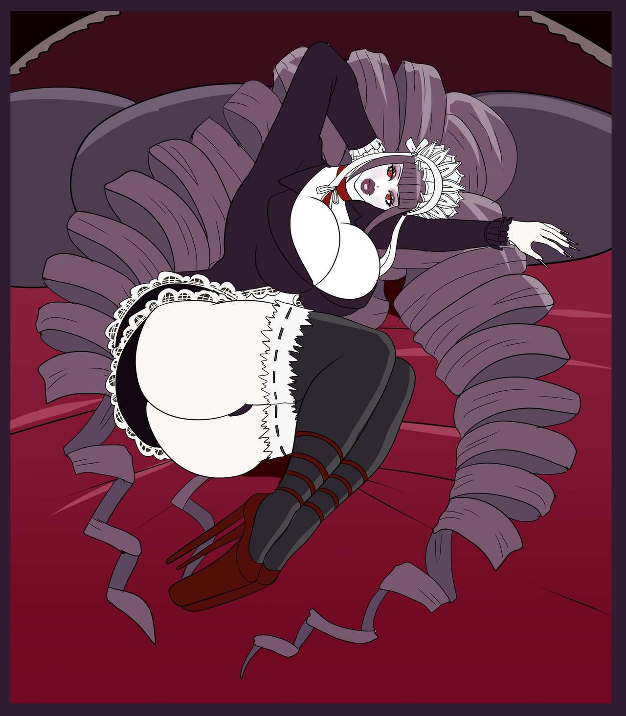 1girls, annon, ass, bed, big ass, big breasts, big butt, bimbo, bimbofication, black eyeshadow, black hair, black lipstick, black makeup, black nails, black panties, breasts, celestia ludenberg, cleavage, danganronpa, danganronpa: trigger happy havoc, drill hair, eyeshadow, female, female only, goth, gothic lolita, hair, hairband, heels, high heels, huge ass, huge breasts, laying on bed, light skin, light-skinned female, lipstick, long fingernails, makeup, nail polish, pale skin, pale-skinned female, platform heels, red eyes, skirt, smooth skin, solo, stockings, thick thighs, thighhighs, transformation, very long hair, white-skinned female