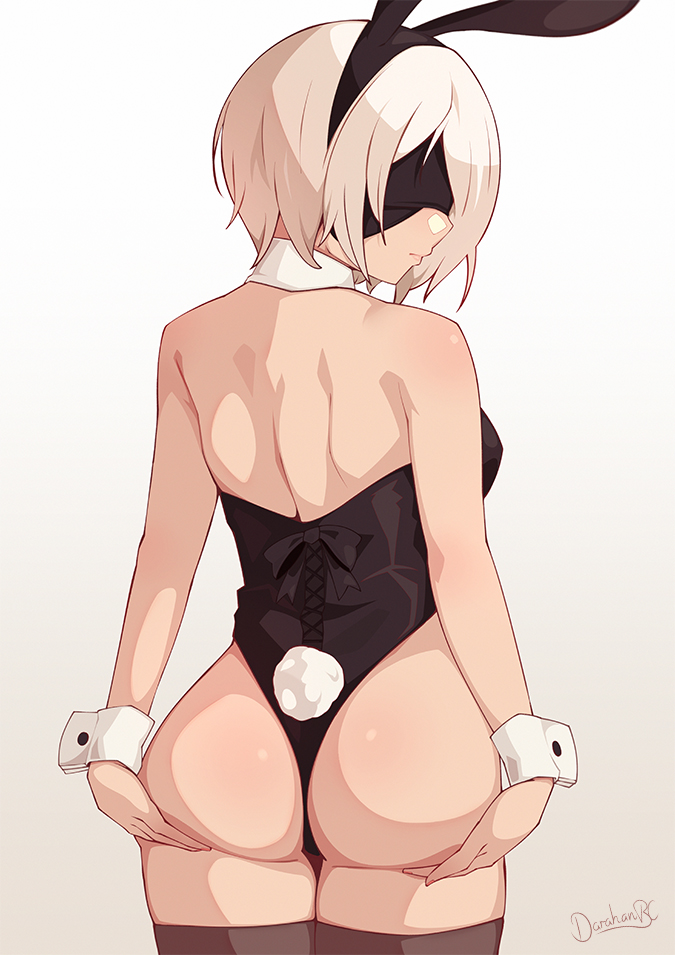 1girls, android, ass, big ass, bunny ears, bunny tail, bunnysuit, darahan, female, looking at viewer, looking back, nier, nier: automata, presenting hindquarters, tagme, thighhighs, white hair, yorha 2b