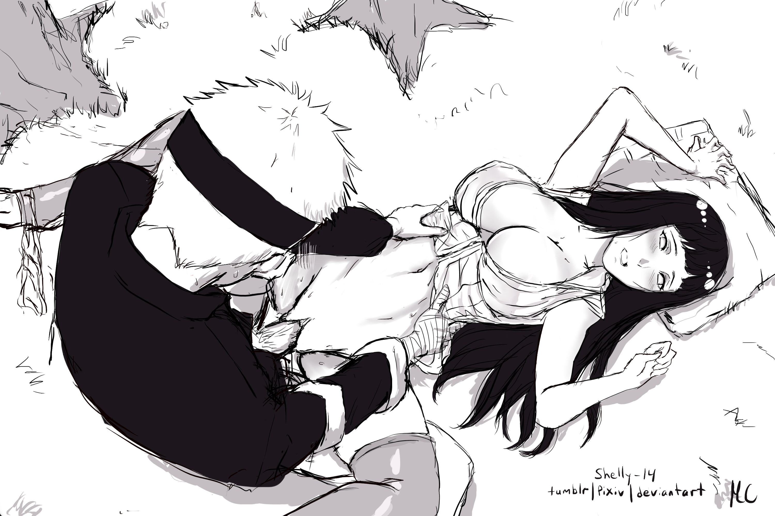 big breasts, blush, breasts, clothed, clothed sex, clothing, couple, female, hyuuga hinata, hyuuga hinata (naruto: the last), male, male/female, missionary position, monochrome, naruto, naruto (series), naruto: the last, outdoors, pussy, sex, shelly-14, spread legs, uzumaki naruto, vaginal penetration