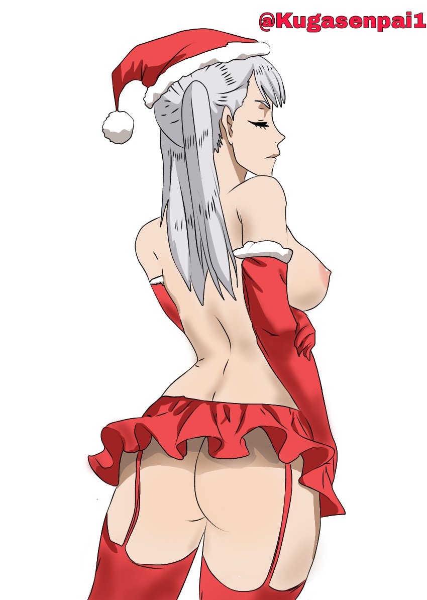 1girls areola arm_holding arm_sleeves arm_under_breasts ass black_clover bottomless breasts christmas closed_eyes closed_mouth female female_only hourglass_figure kugasenpai1 legwear long_hair nipple no_bra no_panties noelle_silva plain_background santa_claus_(cosplay) santa_costume santa_hat shirtless short_skirt side_view sideboob silver_hair skirt solo solo_female standing teenager thick_ass thighs twintails watermark white_background