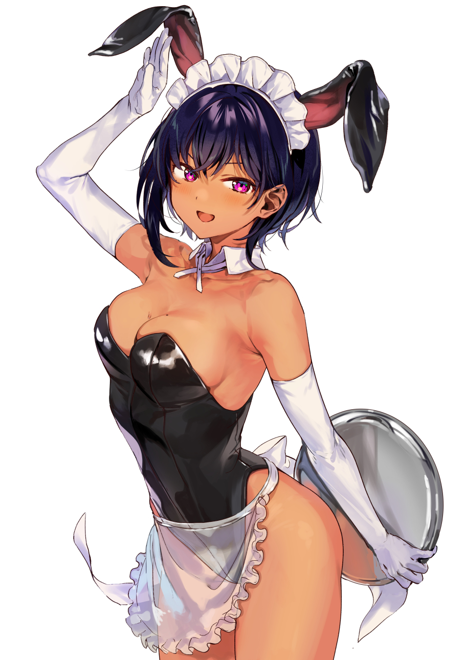 1girls 2020 :d animal_ears apron arm_behind_back arm_up armpits bare_shoulders black_hair breasts bunny_ears bunny_girl bunnysuit cleavage dark-skinned_female dark_skin elbow_gloves fake_animal_ears female gloves highres holding_tray konbu_wakame large_breasts leaning_forward leotard lilith_(saikin_yatotta_maid_ga_ayashii) looking_at_viewer maid maid_apron maid_headdress mole mole_on_breast mole_under_eye neckerchief open_mouth plate purple_eyes saikin_yatotta_maid_ga_ayashii see-through short_hair sideboob simple_background smile solo standing sweat sweatdrop thighs tongue tray waist_apron white_background white_gloves