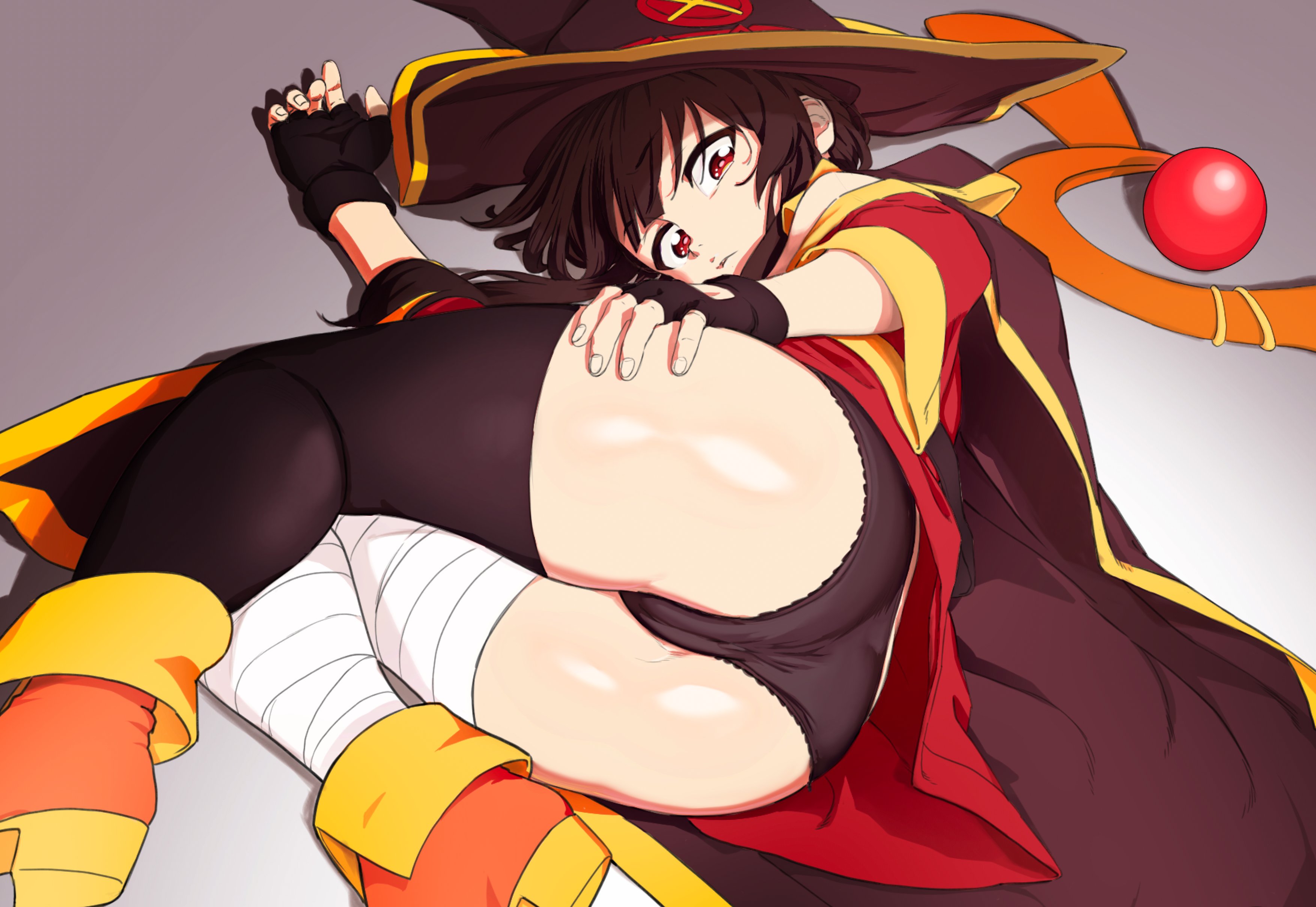 1girls, ass, ass focus, bare shoulders, black panties, female, female only, hat, kono subarashii sekai ni shukufuku wo!, looking at viewer, megumin, panties, solo, solo female, thighs, underwear, upskirt, witch hat, yunosu ishii