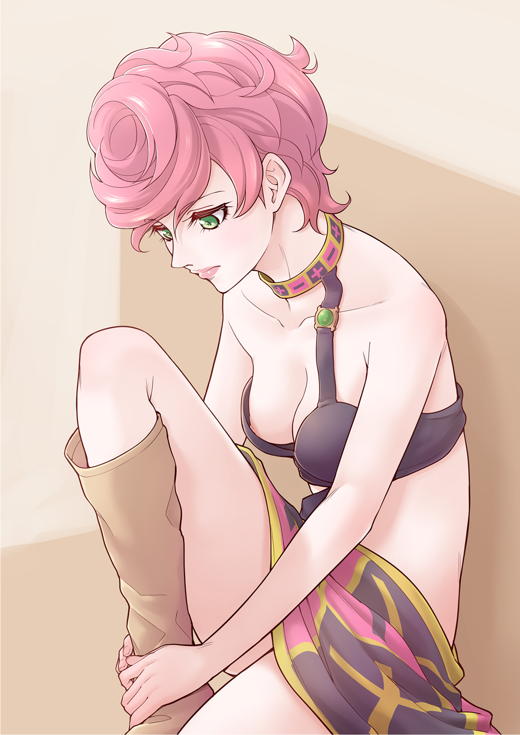 1girls, accidental exposure, artist request, boots, bra slip, cute, female, female focus, female only, green eyes, jojo's bizarre adventure, light skin, light-skinned female, lipstick, nipple slip, nipples, parody, pink hair, revealing clothes, short hair, solo, solo female, solo focus, tagme, trish una, vento aureo