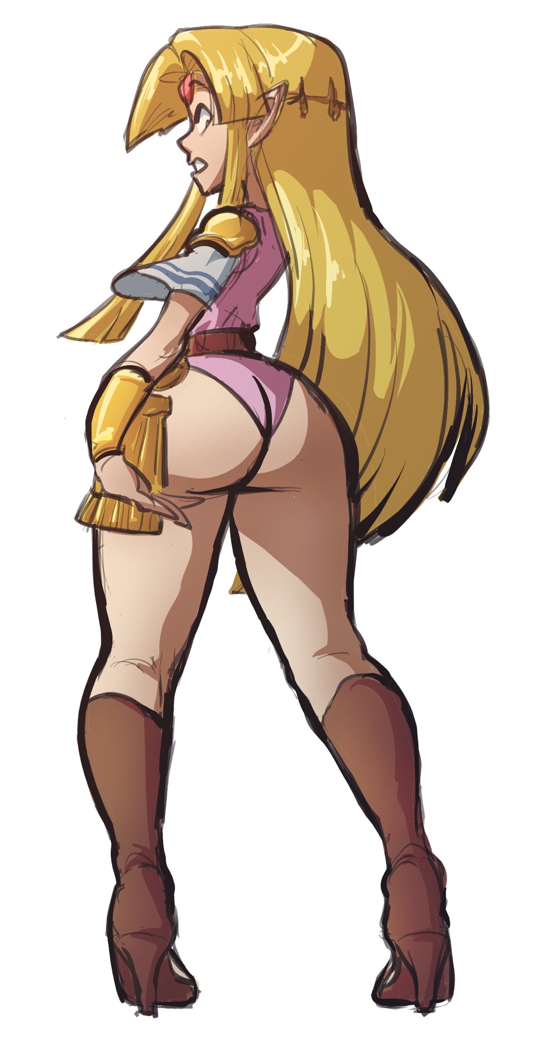 a link between worlds, ass, big ass, big butt, blonde hair, blue eyes, boots, bracer, bubble ass, bubble butt, dress, female, female only, ghostbreaker, heeled boots, hylian, long hair, looking back, looking down, narrow shoulders, nintendo, no pants, panties, pointed ears, princess zelda, round ass, round butt, solo, the legend of zelda, thick ass, thick thighs, thin arms, tiara, wide hips, zelda (a link between worlds)