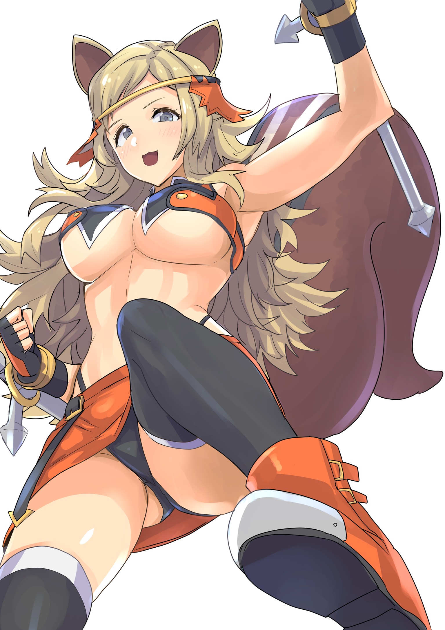 1girls, absurdres, alternate costume, animal ears, armpits, bare thighs, big breasts, black thong, blazblue, blonde hair, breasts, cameltoe, circlet, clash kuro neko, commission, cosplay, crossover, female, fire emblem, fire emblem fates, from below, full body, grey eyes, highres, large breasts, looking at viewer, looking down, looking to the side, makoto nanaya, makoto nanaya (cosplay), nintendo, ophelia (fire emblem), panties, pantyshot, pussy, shorts, skeb commission, solo female, source larger, squirrel ears, squirrel tail, tail, thighhighs, thong, underboob, underwear, upskirt