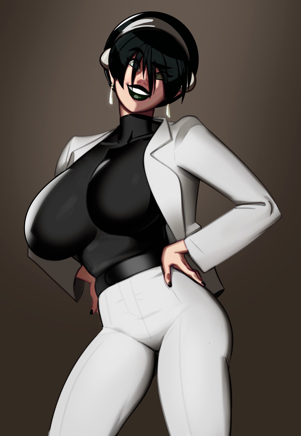 1girls aged_up alternate_breast_size avatar_the_last_airbender big_breasts breasts business_woman cleavage clothing earrings female female_only gigantic_breasts hourglass_figure huge_breasts large_breasts morganagod solo toph_bei_fong