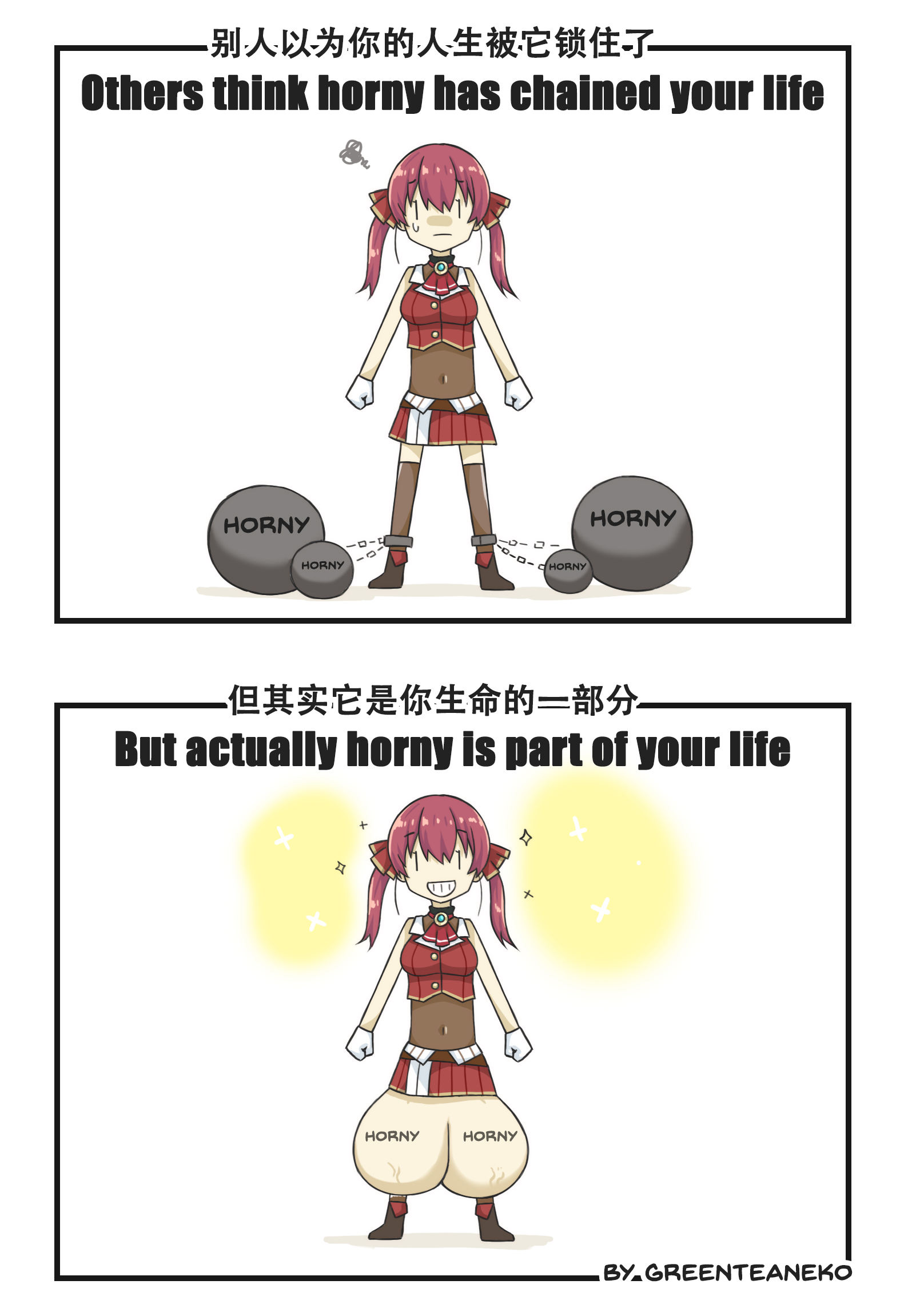 | |, 1futa, 2021, 2koma, absurd res, annoyed, artist name, ball and chain restraint, balls, bare shoulders, bound, bound ankles, bow, chains, chibi, chinese text, clothed, clothing, comedy, comic, covered navel, cuffs, english text, eyebrows visible through hair, funny, futa only, futanari, gloves, greenteaneko, grin, hair ribbon, highres, hololive, hololive fantasy, hololive japan, horny, houshou marine, huge balls, humor, implied futa, intersex, jewelry, looking at viewer, mob face, oversized balls, pleated skirt, red hair, restrained, ribbon, shoes, skirt, smile, sparkle, standing, sweat, sweatdrop, teeth, testicles, text, thighhighs, tied hair, twintails, virtual youtuber, white gloves