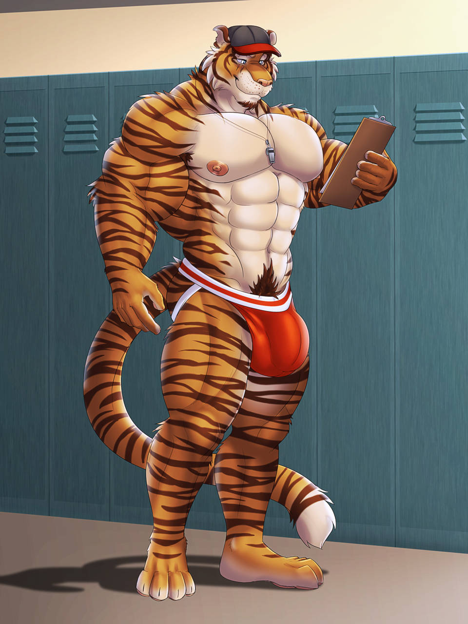 anthro big_balls buff bulge dream_and_nightmare jockstrap king male male_only muscular night_(dream_and_nightmare) no_humans pubic_hair solo solo_male sweaty tiger