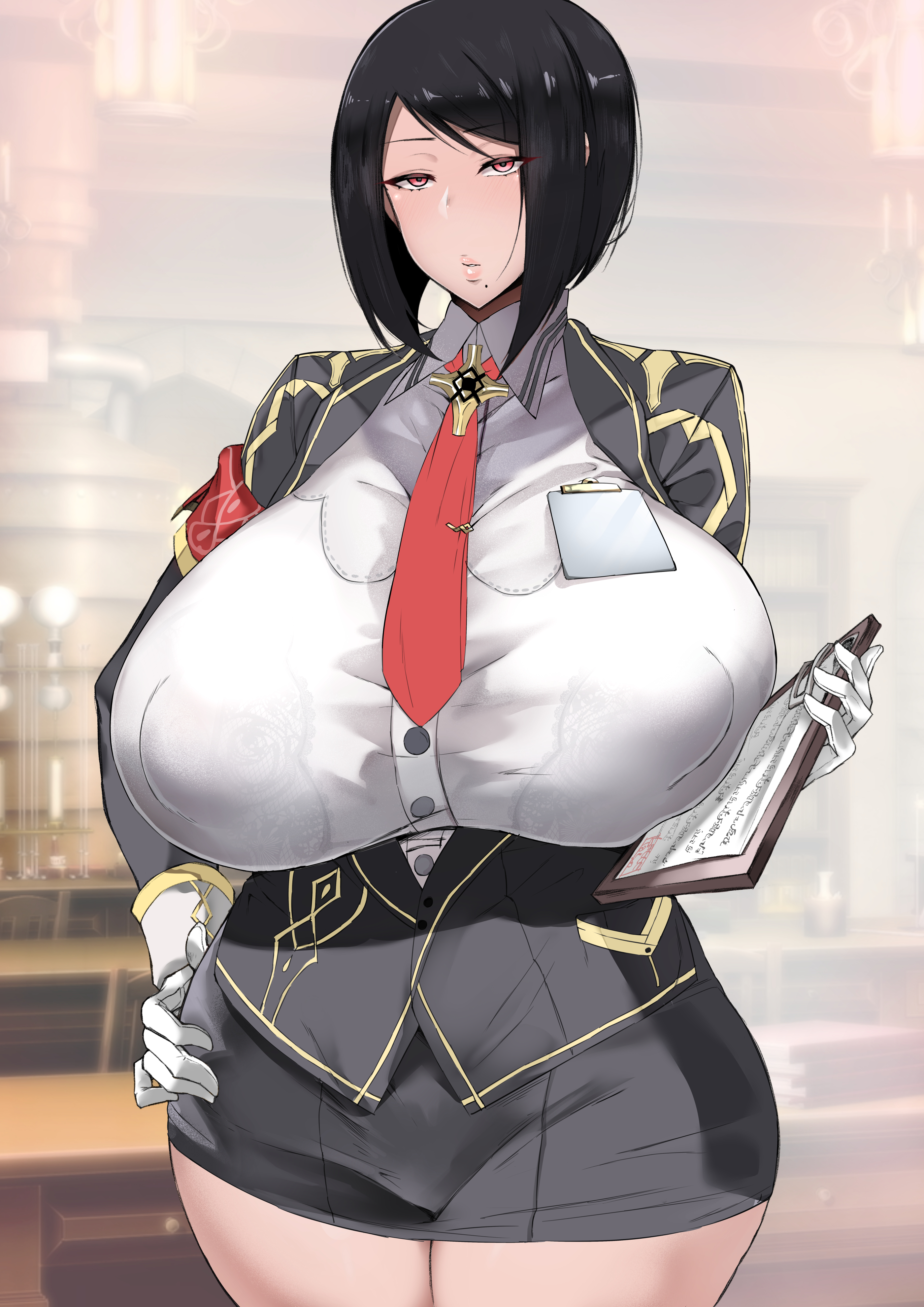 1girls, armwear, breasts, clipboard, curvaceous, curvy, curvy body, curvy female, curvy figure, female, gloves, high resolution, highres, huge breasts, human, large breasts, light skin, light-skinned female, looking at viewer, mature, mature female, medium hair, milf, mole under mouth, original, original character, plump, ratetaso, red eyes, standing, thick thighs, voluptuous, white gloves, wide hips