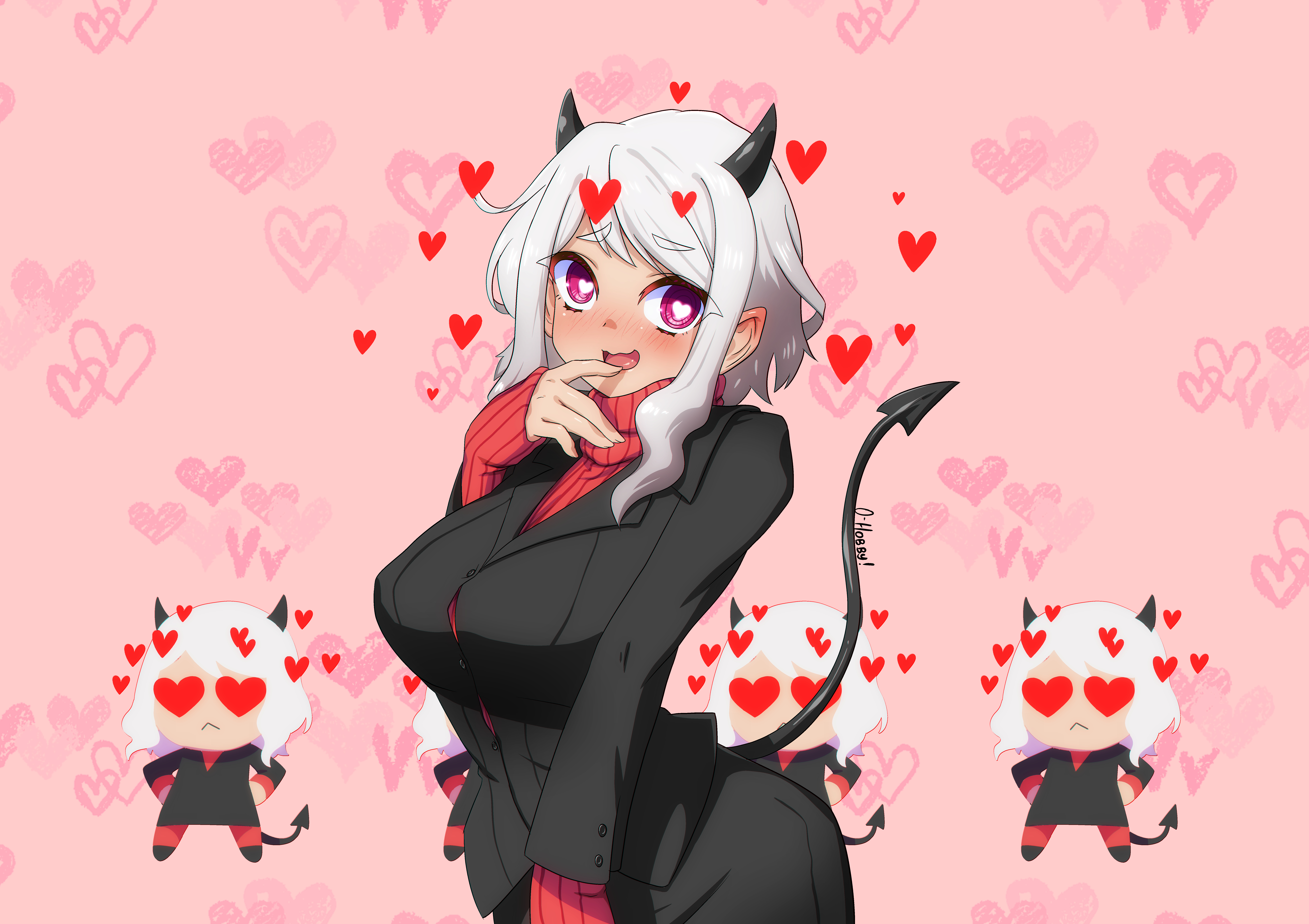 1girls, absurd res, blush, breasts, busty, demon, demon girl, demon horns, demon tail, female, heart-shaped pupils, helltaker, horns, modeus (helltaker), oppaihobby, safe for work, sfw, straight hair, suit, tagme, white hair, wholesome