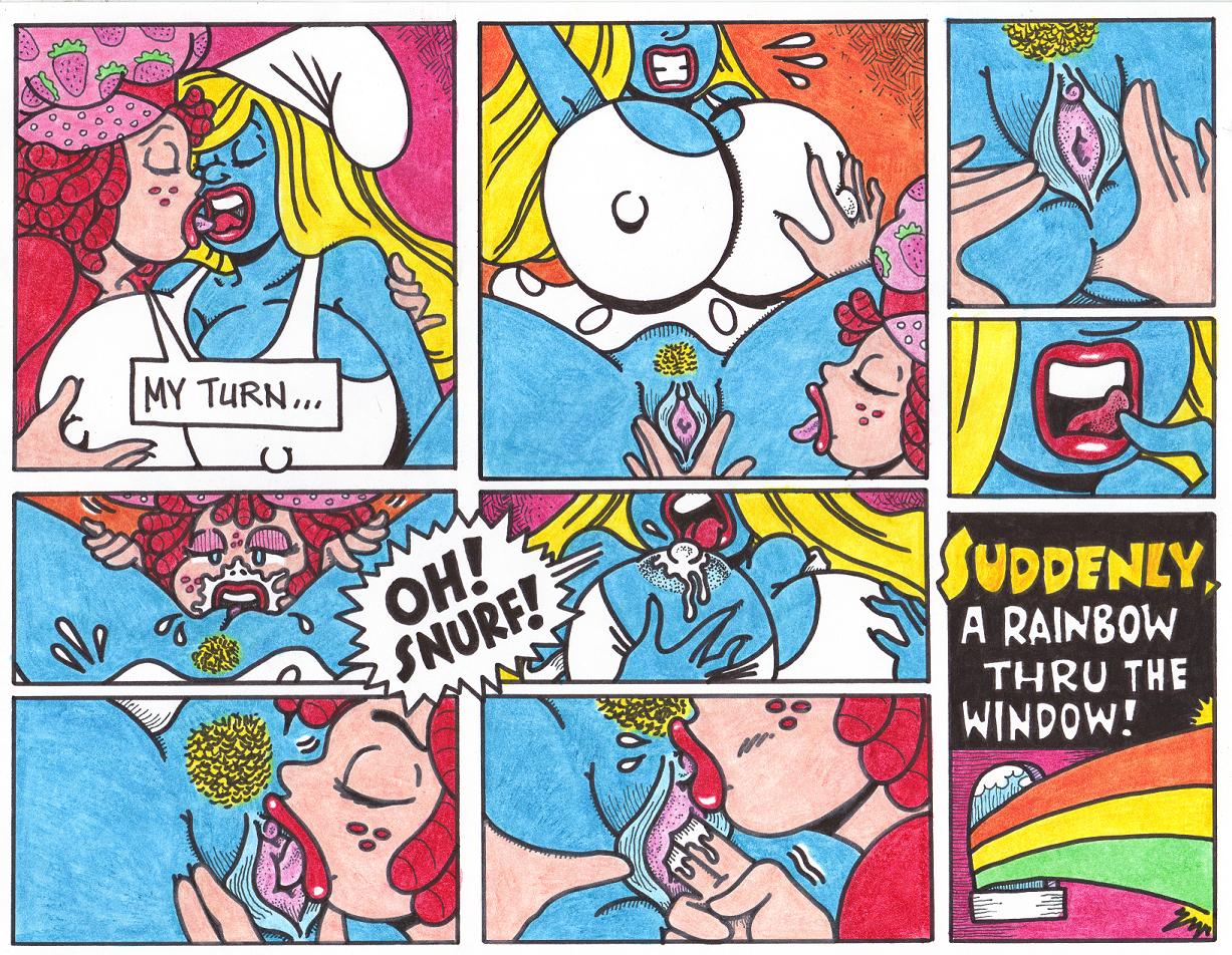 2girls blonde_pubic_hair clothing comic dexter_cockburn erect_nipples erect_nipples_under_clothes fingering freckles lactation oral_sex pubic_hair rainbow red_lips smurfette strawberry_shortcake strawberry_shortcake_(character) strawberry_shortcake_(g1) the_smurfs uncensored urethra voluptuous window yuri