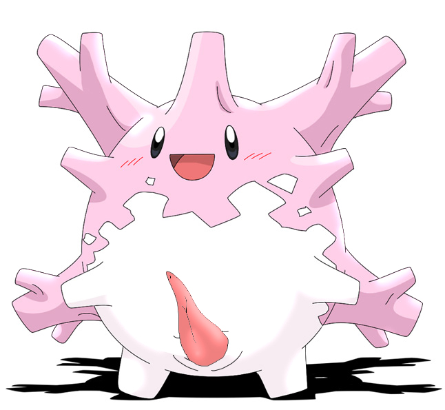 color corsola erection feral front_view grey_eyes looking_at_viewer male male_only nude open_eyes open_mouth penis pink_skin pokemon pokemon_(species) solo standing white_background white_skin