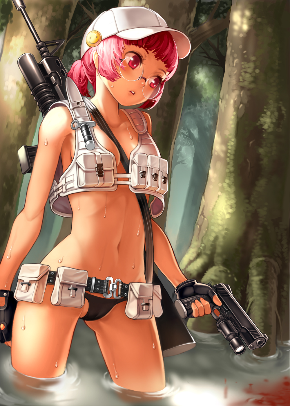 1girls alternate_hair_color areolae arms_up assault_rifle beige_skin belt between_breasts black_panties blood bloody_water breasts breasts_apart cameltoe casual cleavage color curvy day erect_nipples eyewear female female_only fingerless_gloves fio_germi firearm front_view glasses gloves grenade_launcher gun hair handgun harness hat headwear high_resolution highres holding holster huge_breasts human jungle knife m16 m203 metal_slug nature navel nipples open_eyes outdoors outerwear pale_skin panties partially_submerged pink_hair pistol red_blood red_eyes rifle short_hair skimpy_clothes smiley_face soldier solo strap_between_breasts sweat tactical_nudity thong tied_hair topless tree twintails underbarrel_grenade_launcher underwear vest wading water weapon wet xil