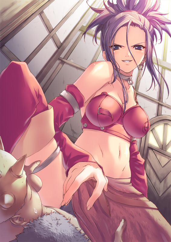 1boy 1girls assertive breasts cg clothed_sex clothing cowgirl_position dragon_quest dragon_quest_viii female girl_on_top male naughty_face navel penis red red_(dq8) sex small_breasts stockings straight thighhighs tomose_shunsaku yangus