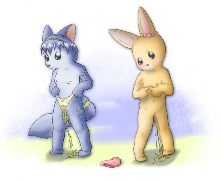 aged_down anthro canine crossover cub embarrassed_nude_female female female_only fox fur furry krystal maple_town multiple_females nintendo patty_rabbit peeing peeing_self rabbit star_fox urinating young