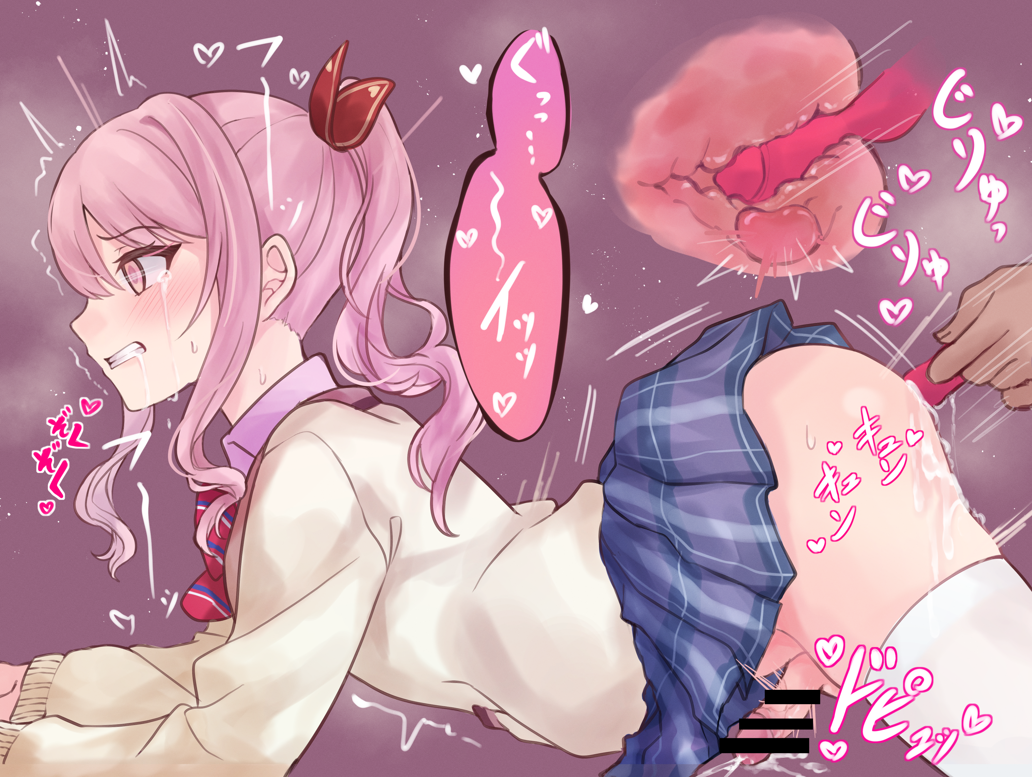 1boy, 1girls, 1mizuki, akiyama mizuki, anal insertion, blush, clothed, cum, ejaculation, female, genmai komeko, male, penis, pink eyes, pink hair, project sekai, trans woman, transgender